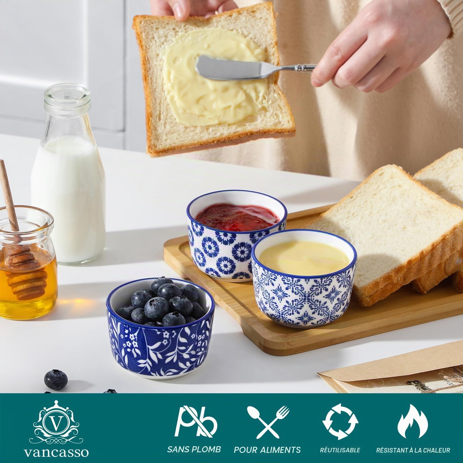 vancasso Ramequins Lot, 6 X 120 ML Ramequins et Moules à Soufflés en Porcelaine Bleu et Blanc, Ramequin Creme Brulee pour Muffin et Gâteau, Ramequin Pour à Crème, Sauce - Ø8 CM - Style Chinois
