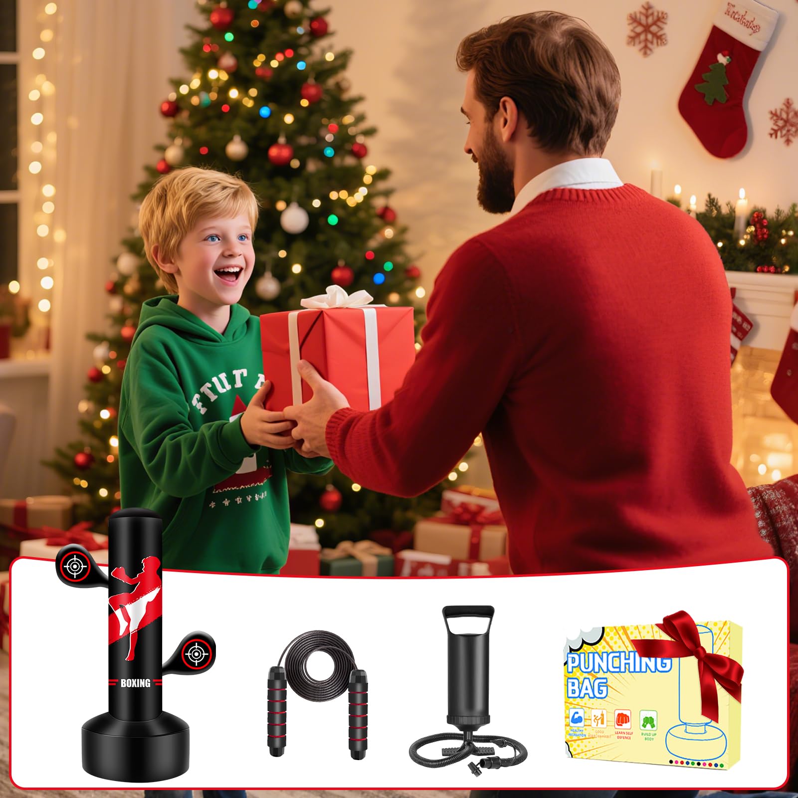 Saco Boxeo niños, Set de Boxeo con Bomba y Cuerda para Saltar Saco de Boxeo Hinchable Grande de 165cm, Regalos para niños y niñas de 3 a 12 años para Practicar kárate, Taekwondo