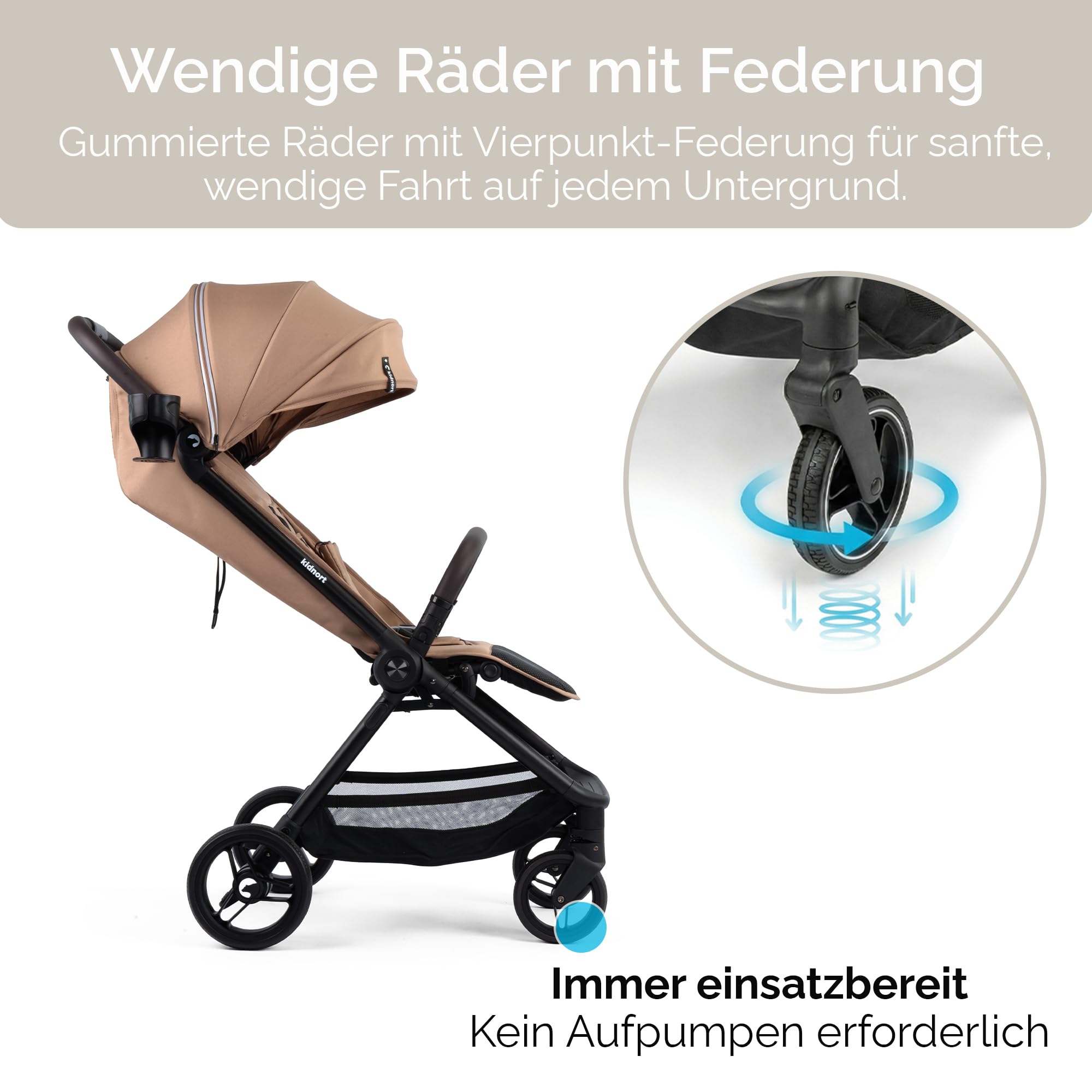 Snøugle Passeggino Leggero da Viaggio Pieghevole con una Mano fino a 22 kg Schienale Reclinabile Ruote Ammortizzate Cintura a 5 Punti Cappottina Estensibile Accessori Inclusi Beige