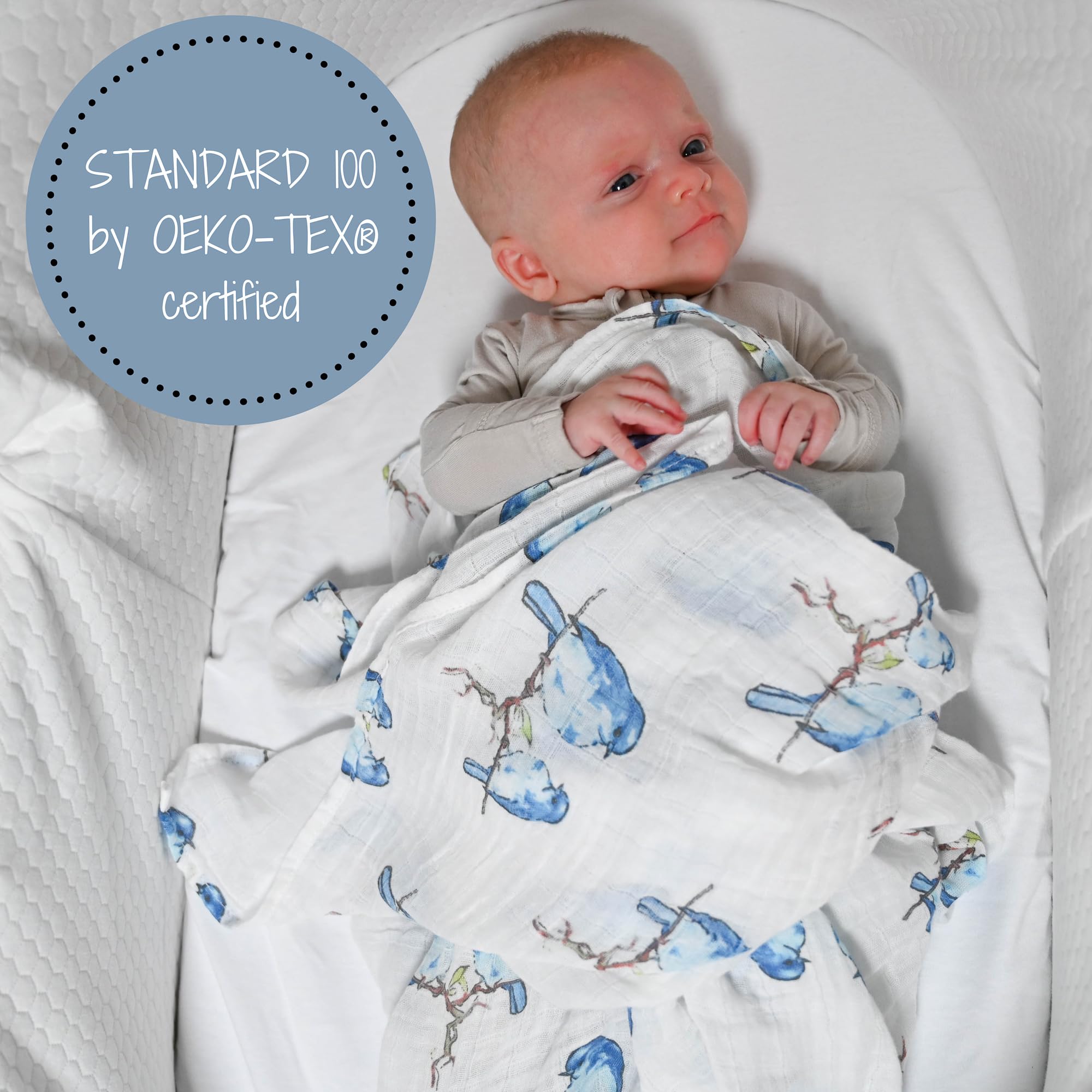 LollyBanks Manta para envolver | 100% algodón de muselina | Esenciales para recién nacidos y bebés para niñas, registro | Estampado de pájaros azules