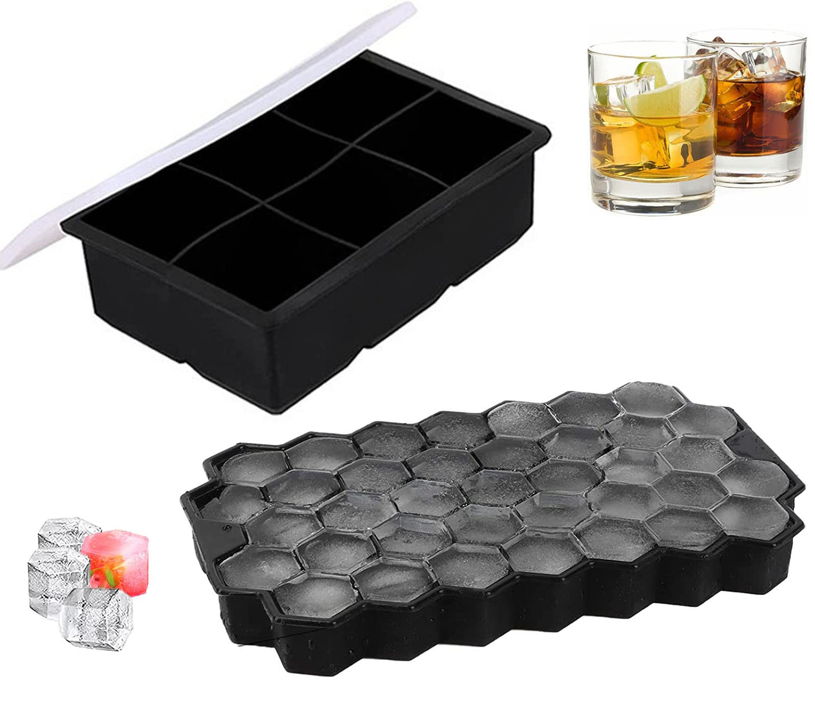 Rifrpha 2 Packs Silicone Ice Cube Tray with Lid, Easy Pop Out, Non Breakable, Reusable,6-Compartment and 37-Compartment Ice Cube Molds for Freezer,Water,Whiskey,Cocktail and Drink(Black)