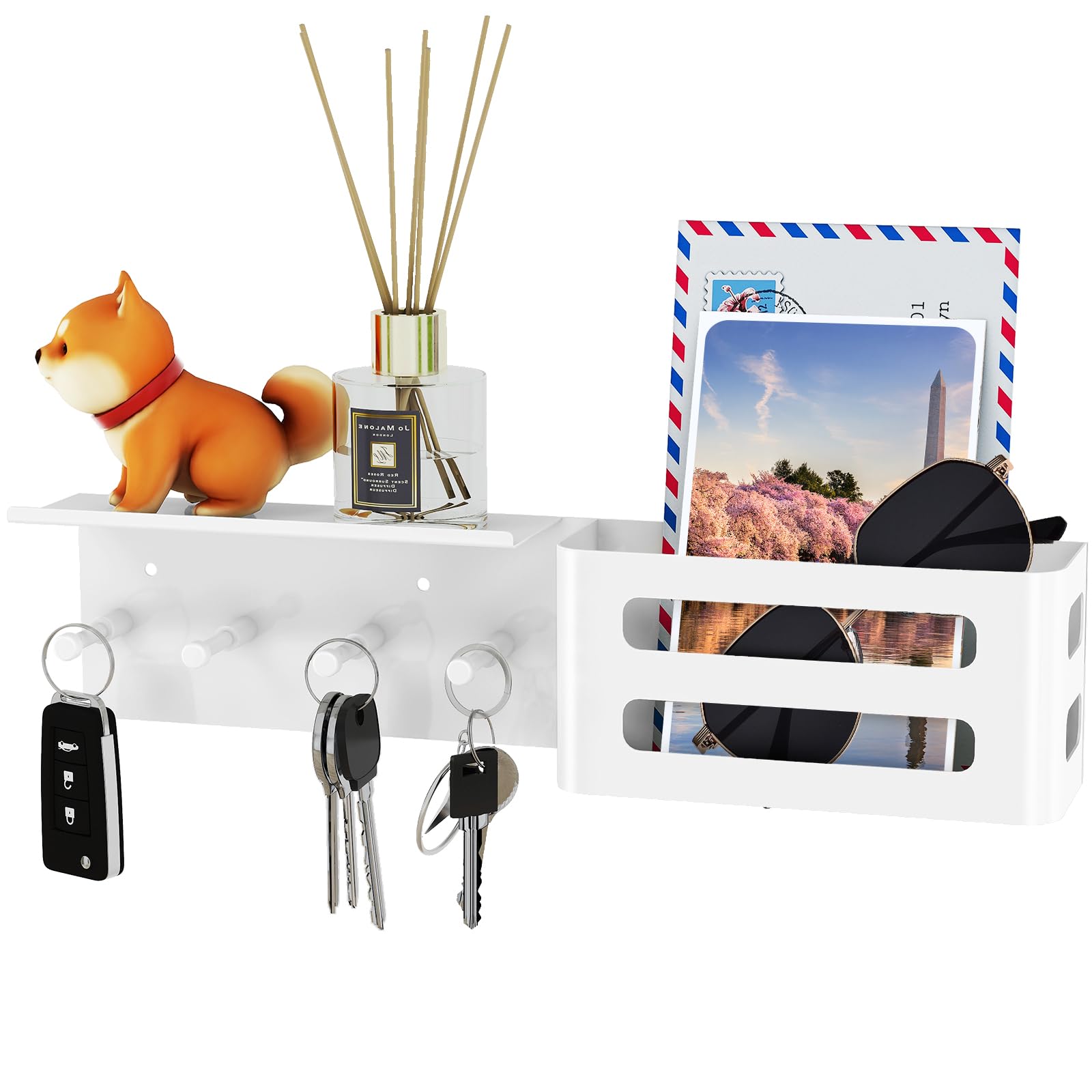 Colgador Llaves Pared Con Estanteria, Metal Cuelga Llaves Pared con 4 ganchos, Decorativo Porta y Rganizador de Correo para Entrada, Dormitorio, Salón (Blanco)