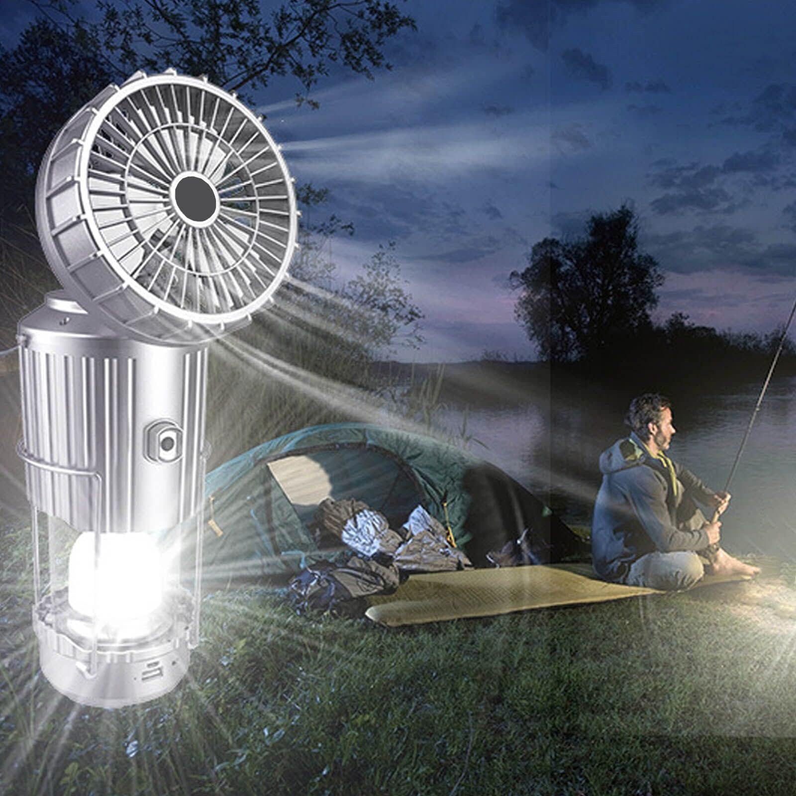 Lanterna da campeggio con ventilatore, torcia pieghevole, ricaricabile tramite USB, lampada da campeggio solare e a batteria, per picnic, barbecue, pesca, viaggi, luce di emergenza ricaricabile