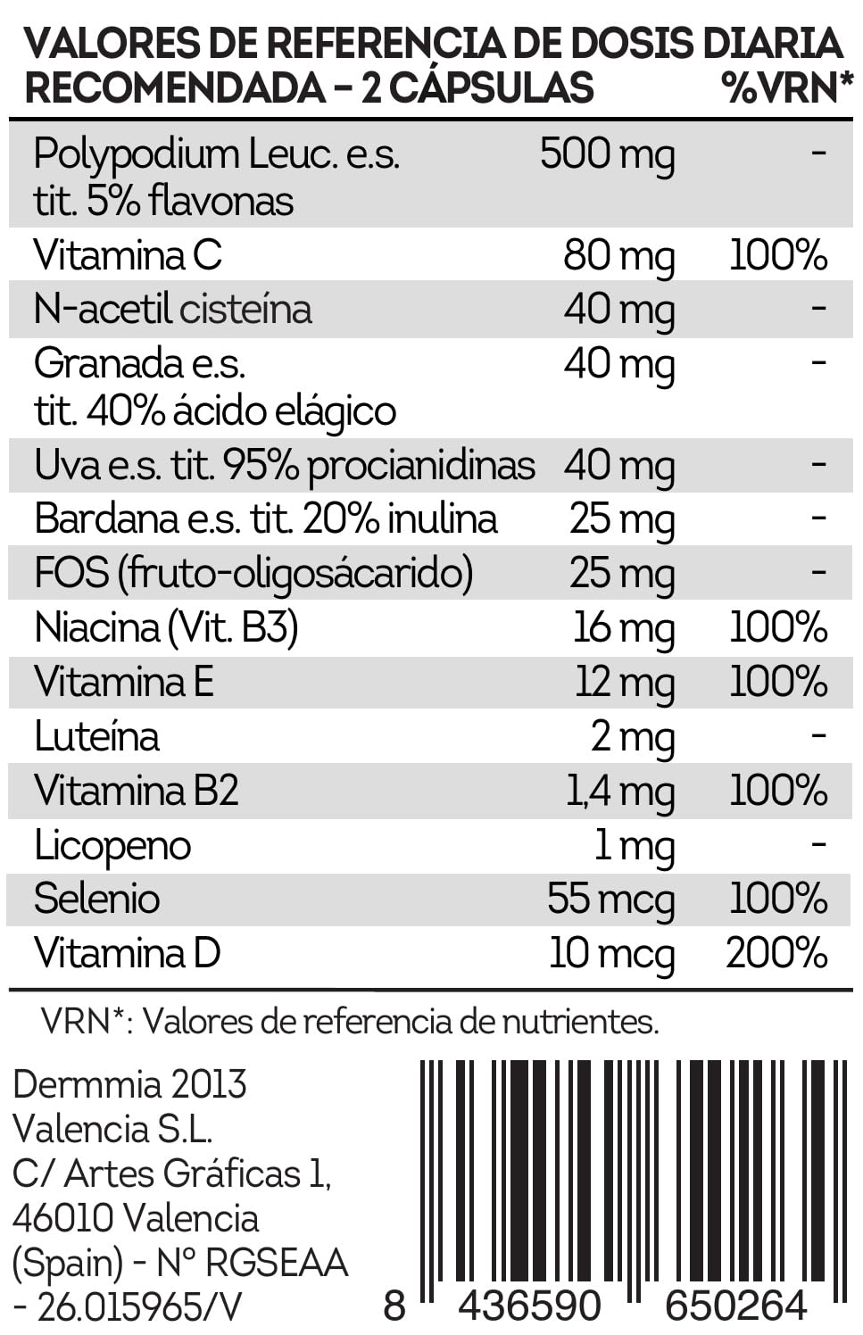 Dermmia Skin Cell Protection 90 Cápsulas – Cápsulas de Protección Solar Oral | Suplemento Antioxidante con Polypodium Leucotomos