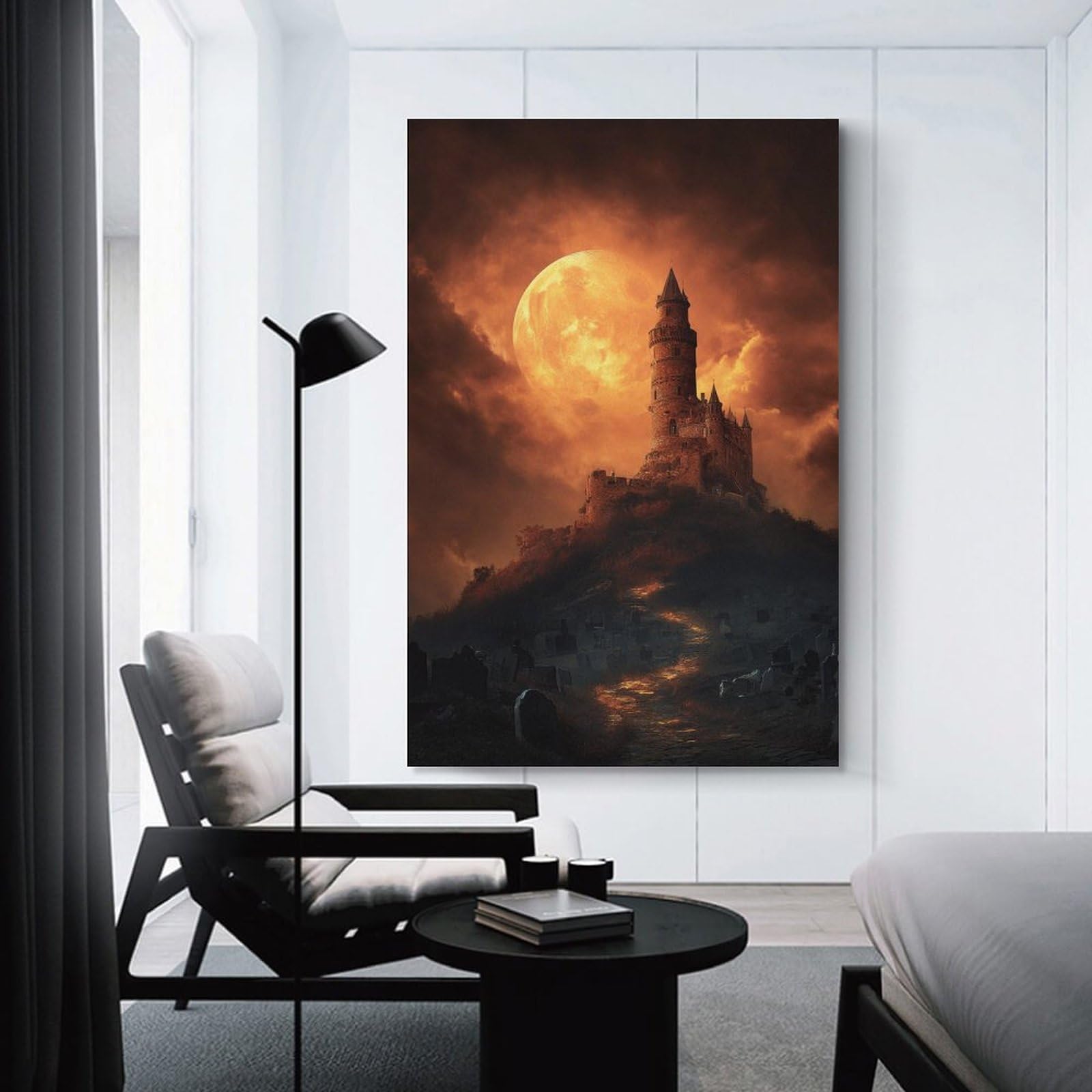 Junmoney Halloween Castle with Full Moon Decorative Wall Artwork, 24x36inch(60x90cm), for Hallway, Lounge Or Guest Room, Decorative Present for New Homes