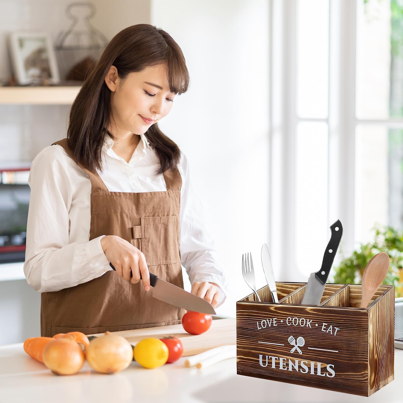 Portautensili Da Cucina Per Piano Di Lavoro, 3 Scomparti Porta Utensili In Legno, Organizer Per Utensili Da Cucina, In Legno Con Fondo Di Drenaggio, In Rustico (Marrone)