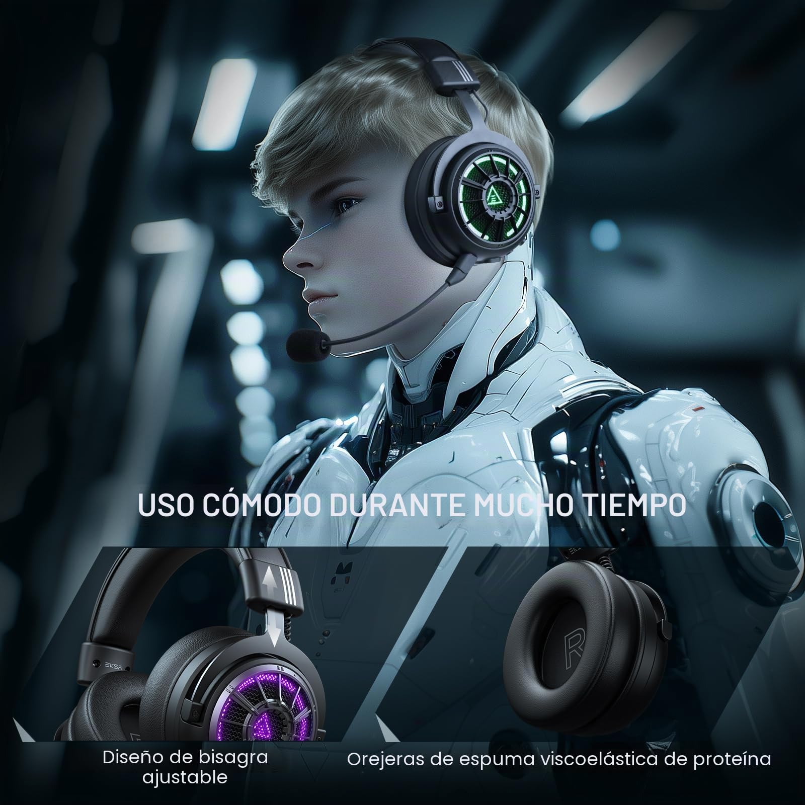 EKSA E5000BT Cascos Gaming inalambricos, Auriculares Bluetooth 5.4 con Baja Latencia para Juegos, Actuador de Doble cámara, 2,4GHz Conexión Tri-Modal, Iluminación RGB,100 Horas de Reproducción