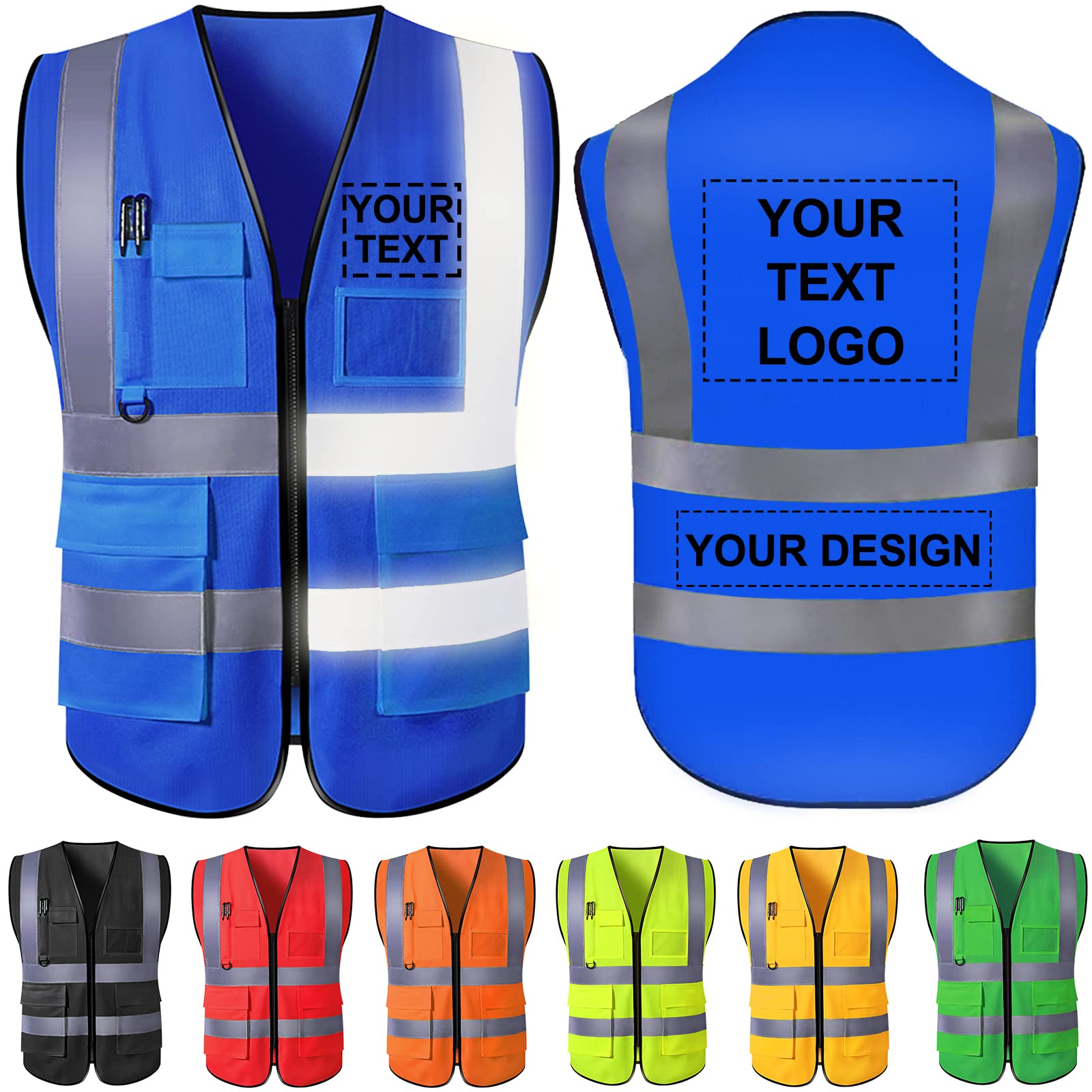 Personalised Hi Vis Vest Custom Logo/Text/Name Customize Safety High Visibility Vests with Pockets and Zipper Bulk for Women Men Work — image 1