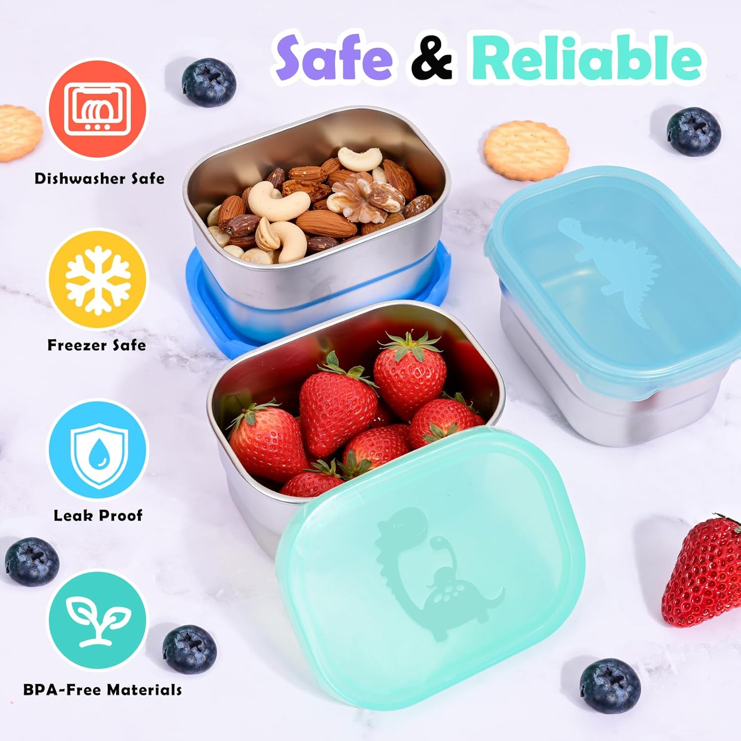 3×8oz Small Stainless Steel Snack Containers for Kids & Toddlers - 230mL Leakproof Food Containers with Cute Dino Lids | LFGB Certified, Stackable Metal Snack Box for Daycare, School, Travel - Image 5