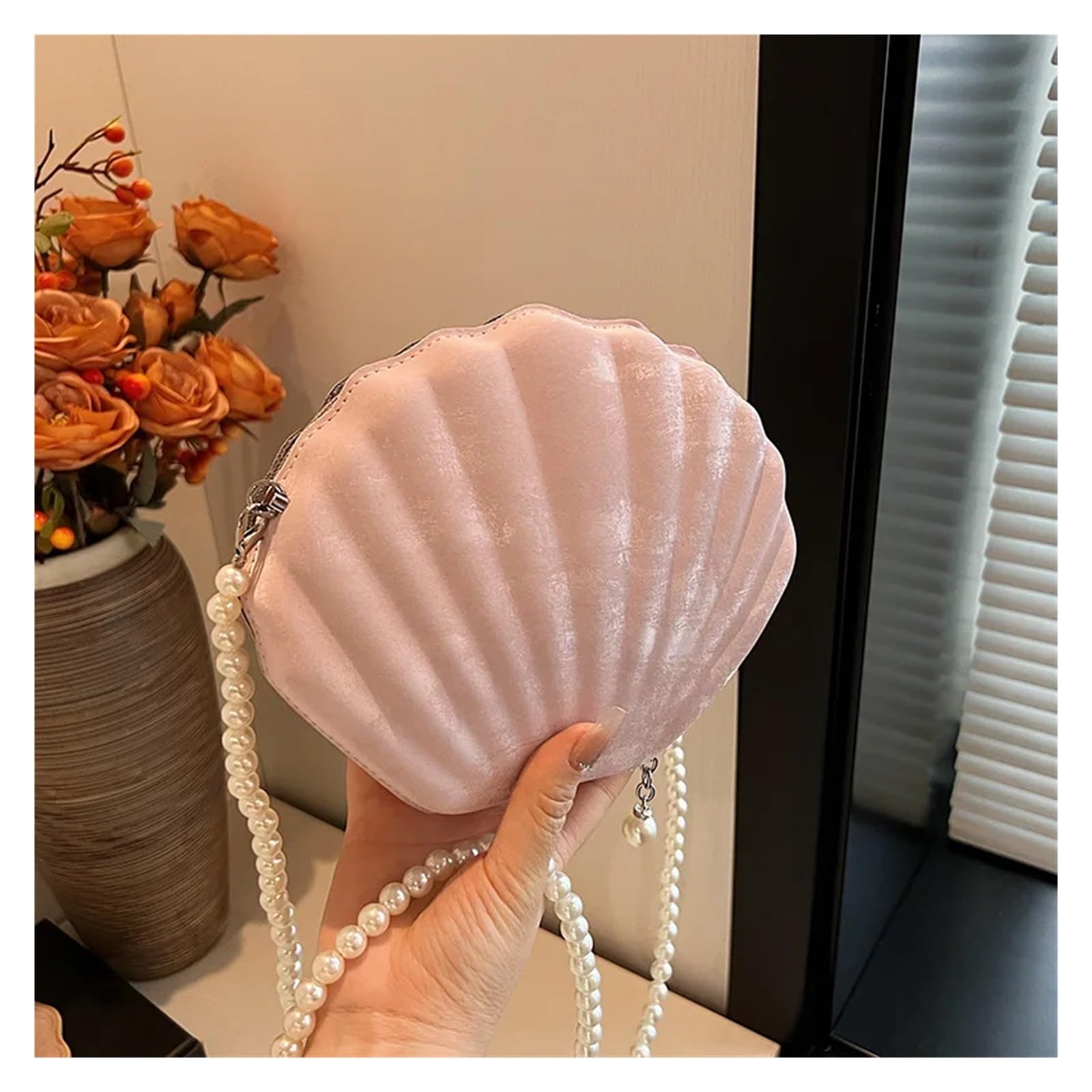 Conchiglia Borsa A Tracolla Singola Borsa da donna in velluto con texture tinta unita, borsa da sera con conchiglia, pochette con catena di perle, borse a tracolla da donna Adatta Per Matrimoni e Fest
