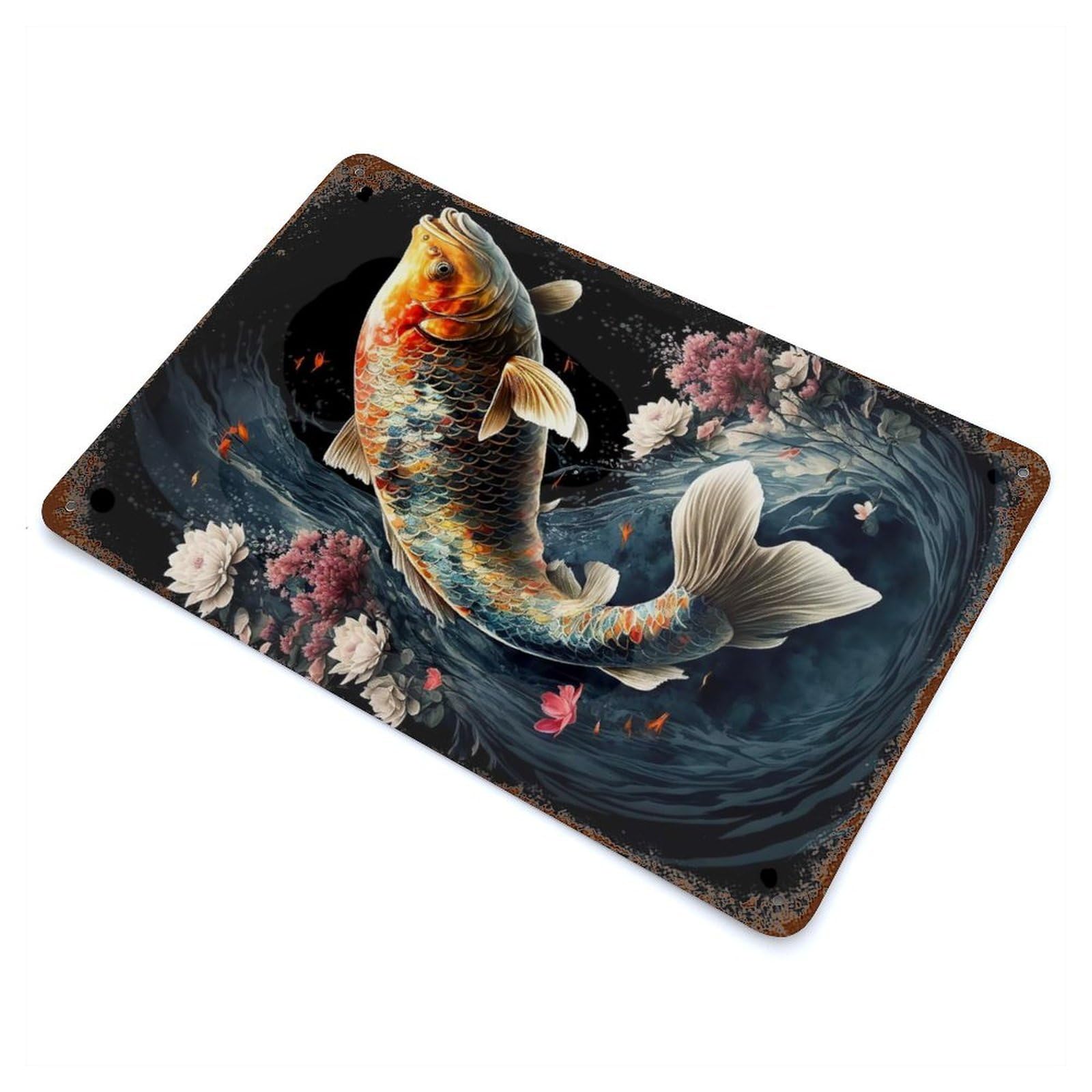 Koi Fish Japanese Weathered Tin Sign 11.8"x7.9", Shabby Chic Decor for Garage, Pub Or Kitchen