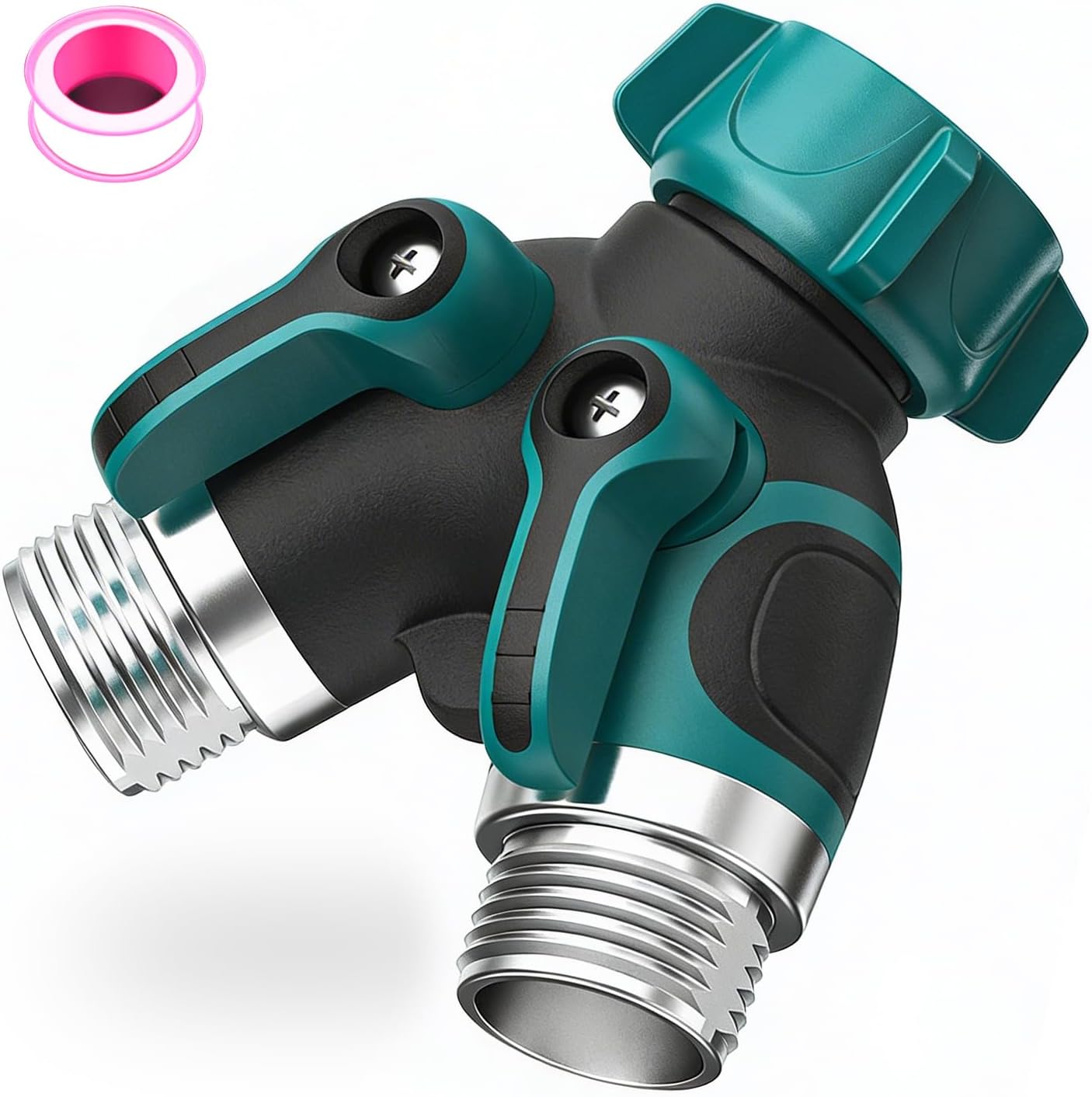 NATVIC 2 Way Garden Hose Splitter, Heavy Duty Metal Y Hose Connector with Comfortable Rubberized Grips, Leak-Proof Shut-Off Valves, Fits 3/4" Outdoor Faucets, Bonus Sealing Tape Included