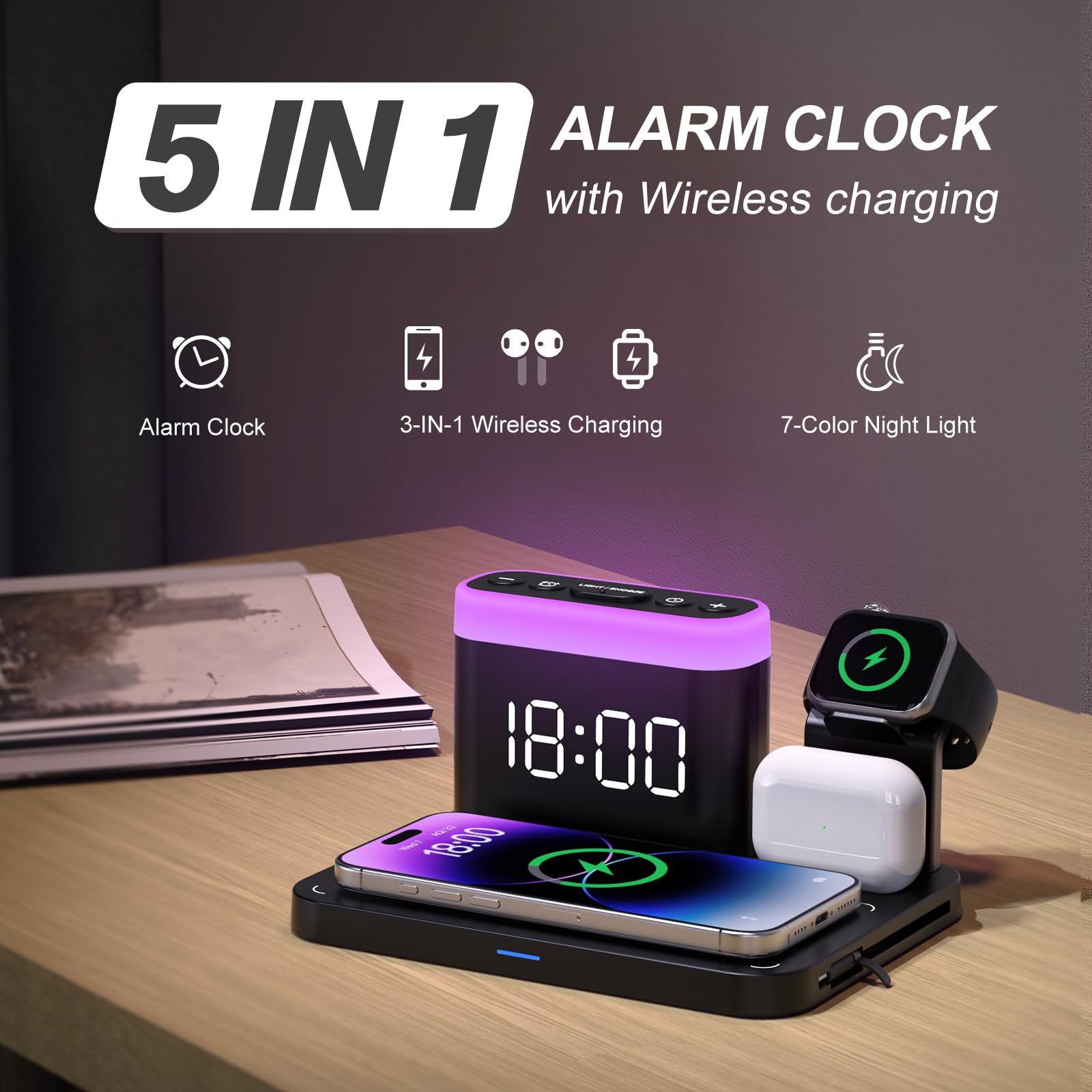 ANJANK Wireless Charging Station,5 in 1 Multiple Charger Stand with Alarm Clock,7 Night Light,Mag-Safe Charging Dock for iPhone 17 16 15 14 13 12 Pro Max Plus,Apple Watch 11/10/9/8,for Airpods,Bedroom