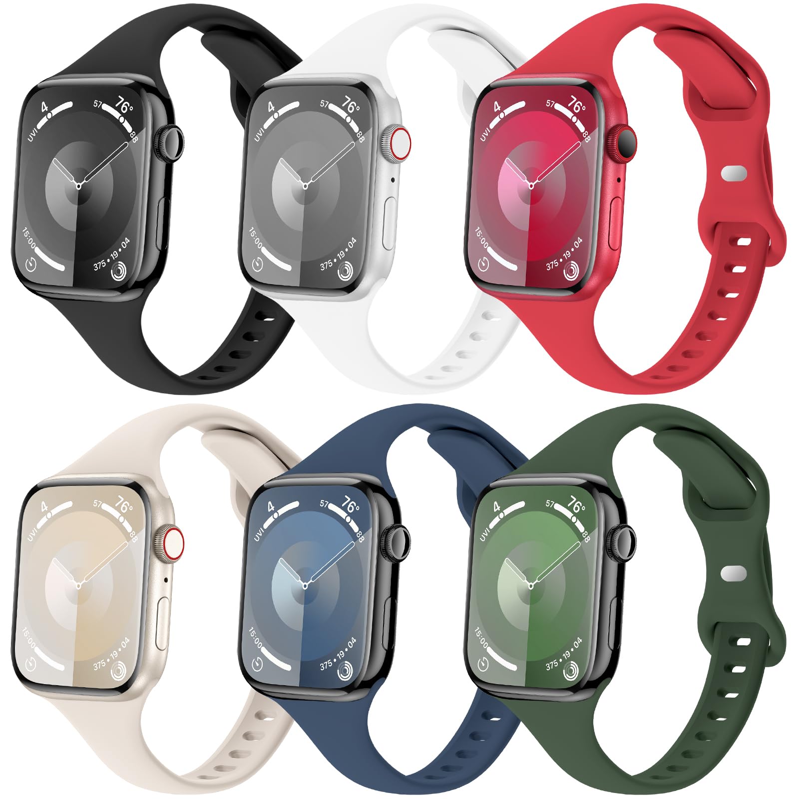6 Pack Slim Thin Bands Compatible with Apple Watch 38mm 40mm 41mm 42mm 44mm 45mm 46mm 49mm Women Men, Replacement Soft Silicone Sport Strap Wristbands