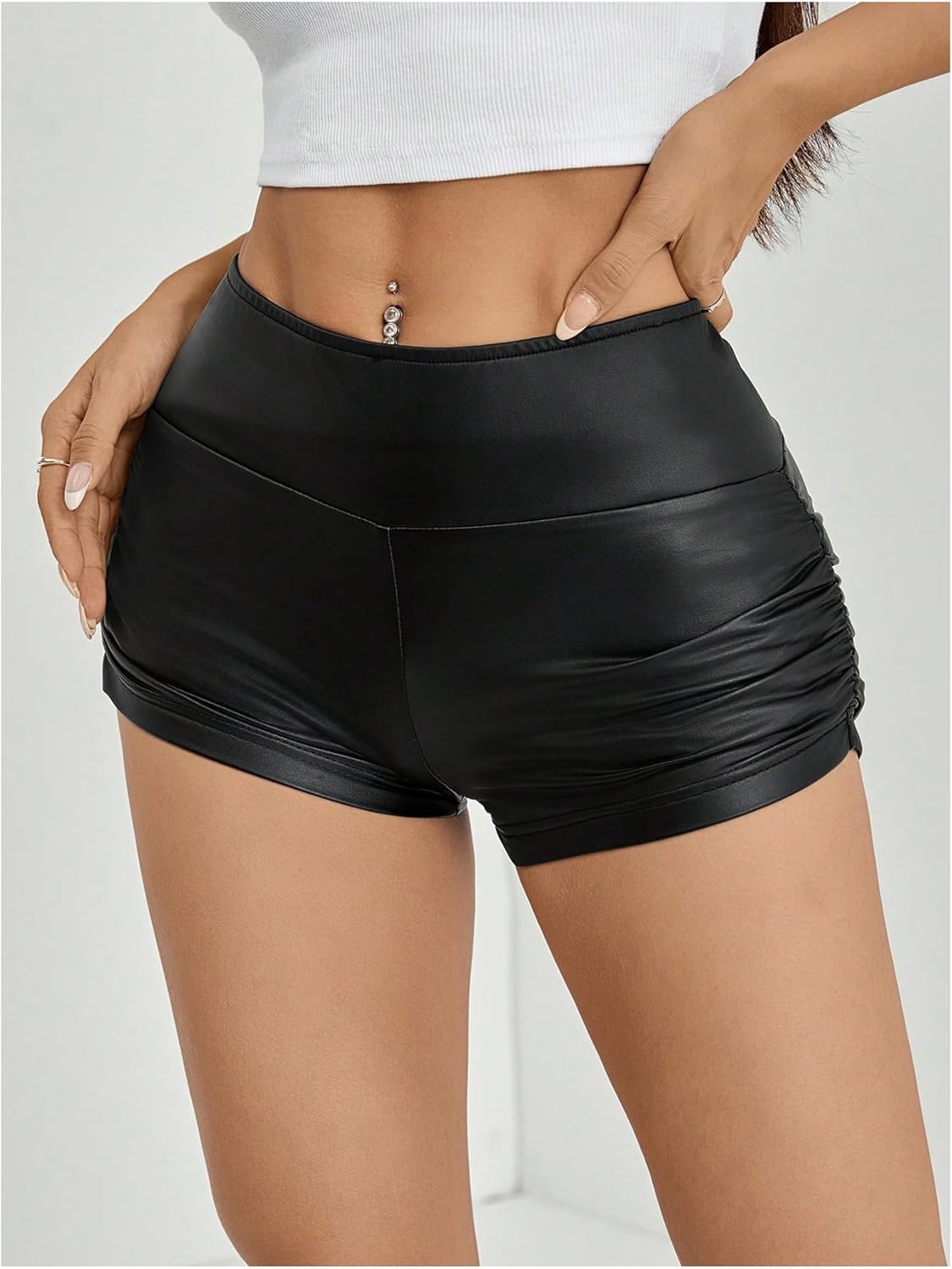 SHENHE Women's Y2k Faux Leather Micro Shorts Ruched Low Rise Sexy Skinny Mini Shorts Hot Pants - Image 3