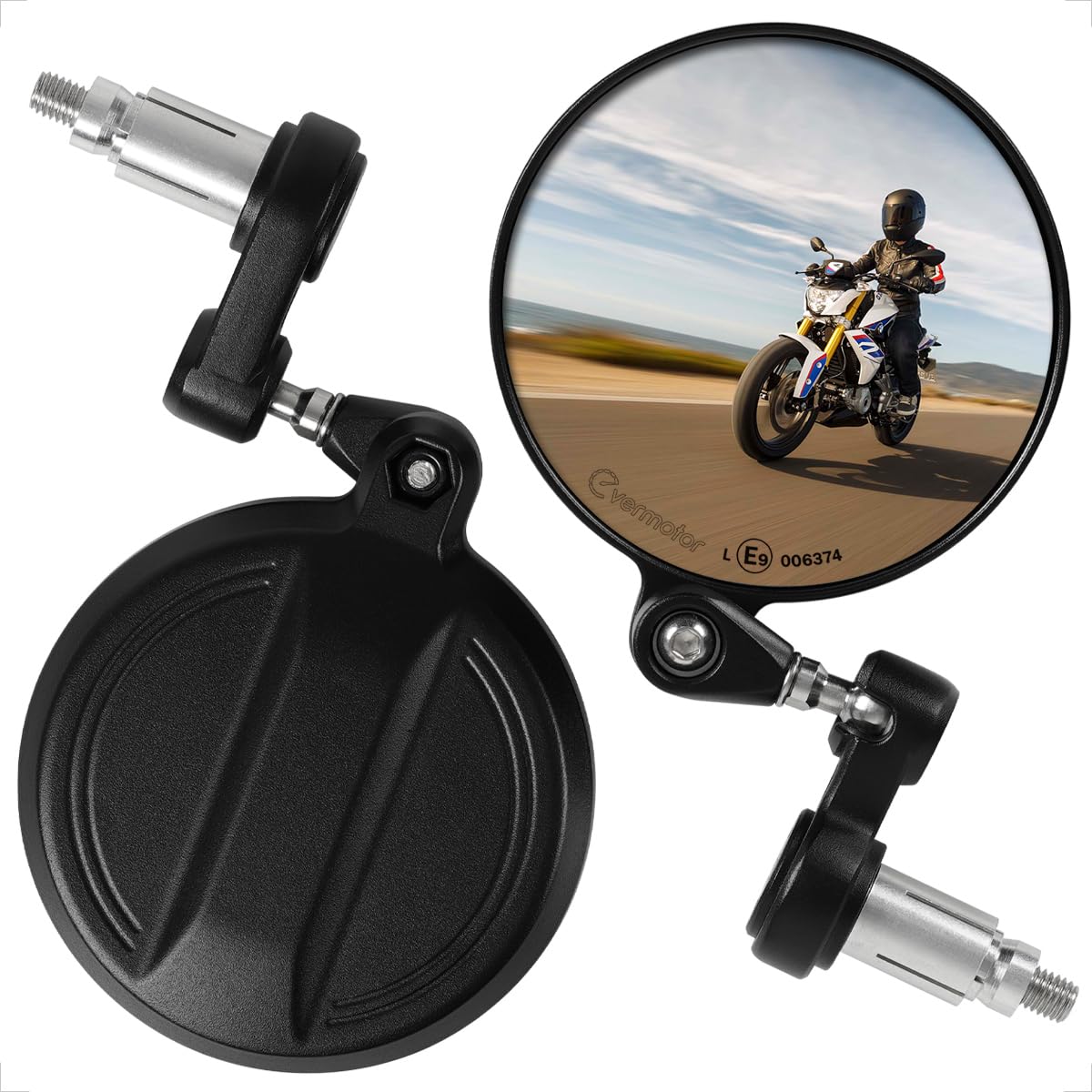 Evermotor Specchietto terminale per manubrio, omologato E, girevole 360°, in lega alluminio, 7/8", 22 mm, rotondo, compatibile scooter, ATV, ciclomotore (2 pezzi)