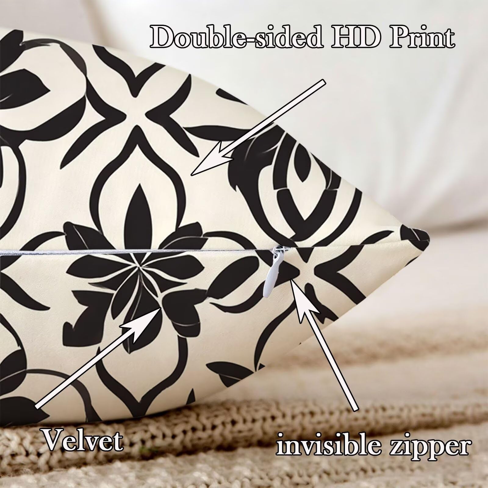Kissenbezug 65x65cm Outdoor Kissen 2er Set Blume Schwarzweiß Samt