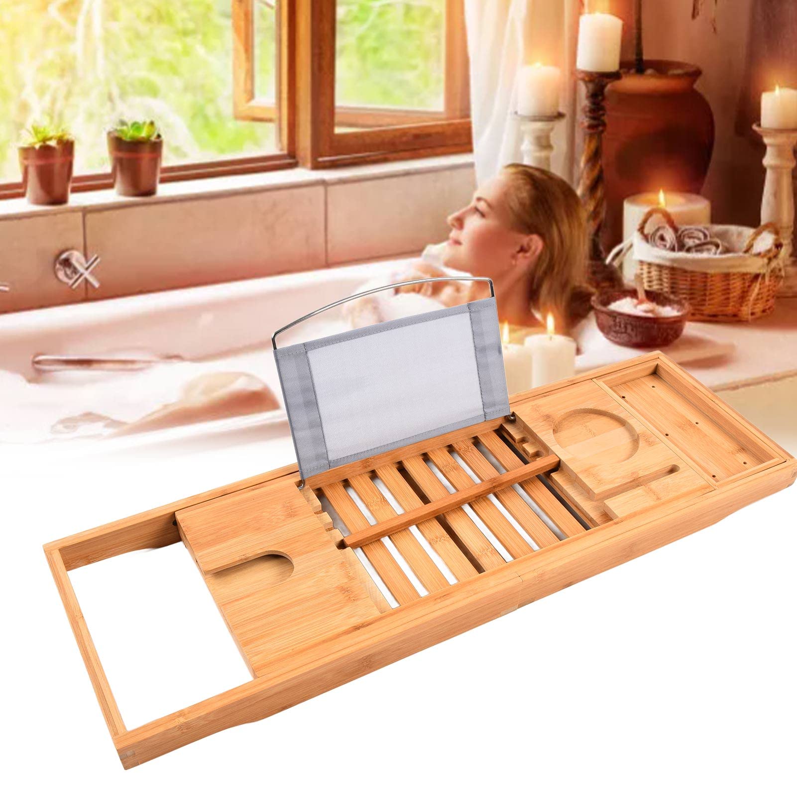 Hyuduo Bandeja de Baño Bandeja de Bañera de bambú 69,5 X 22,5 Cm Soporte de Baño Retráctil con Diseño Simple para el Hogar Salón de Belleza Hotel Casa de Familia