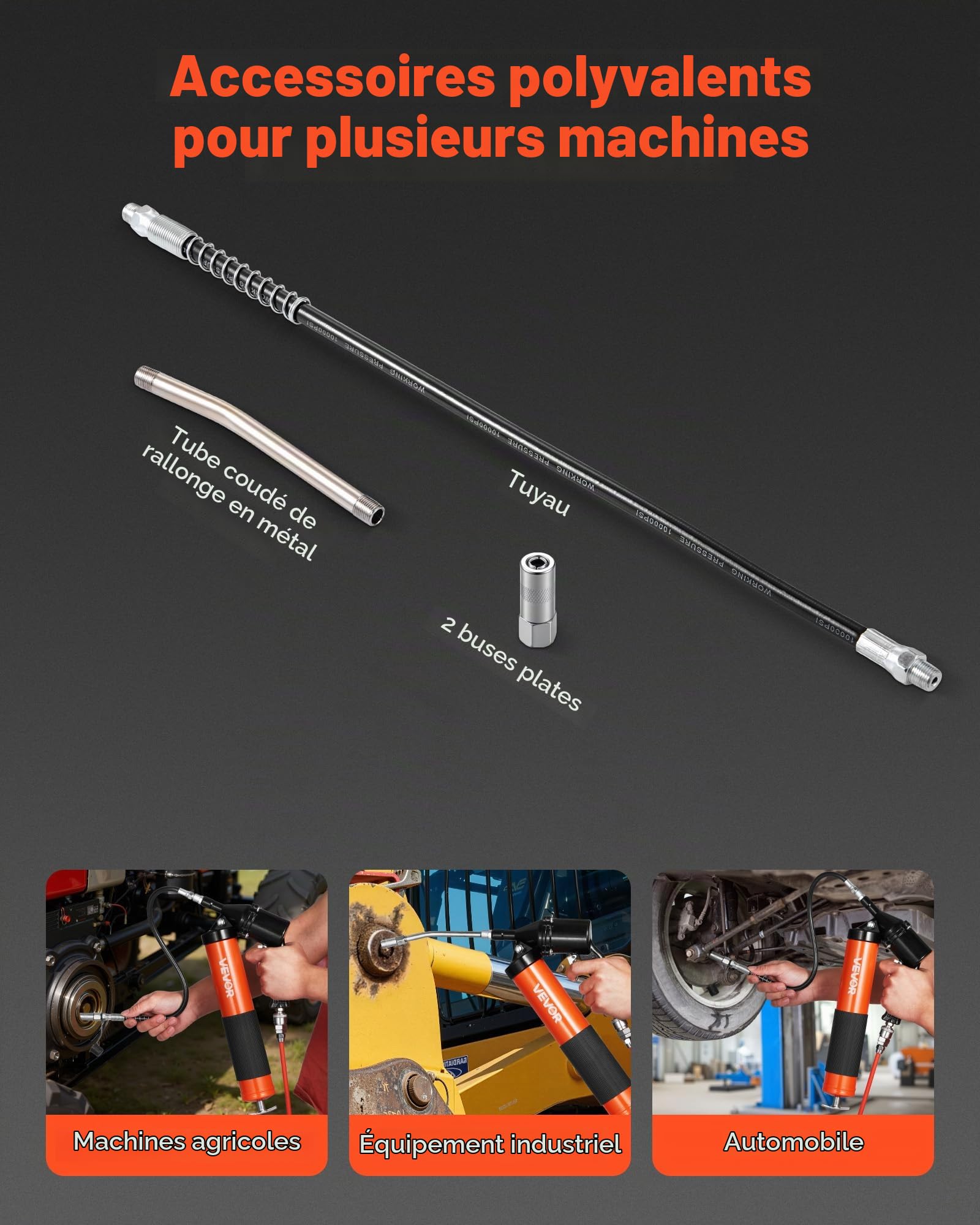 VEVOR Pistolet à Graisse Pneumatique 413 bar Pistolet Graisseur à Une Main Capacité 0,4 L pour Machines Automobiles Agricoles Industrielles, Tuyau Flexible 45,7 cm Tube Extension Rigide 2 Buses Plates