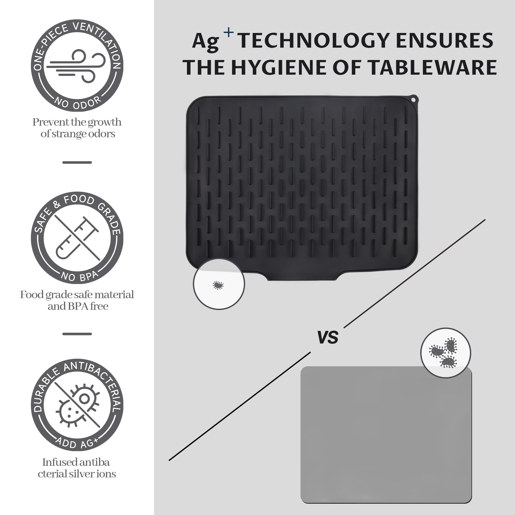 Silicone Dish Drying Mat for Kitchen Counter, Dish Drying Pad, Non-Slip Drain Pad with Built-in Drain, Easy clean,Eco-friendly,Heat-resistant Silicone Mat (Black, 16''*12'')