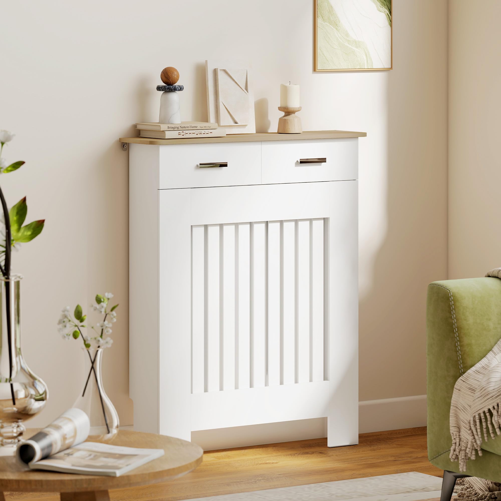 HOMCOM Copri Termosifone Moderno a Doghe Antiribaltamento con Cassetto Portaoggetti, Copritermosifone in Legno per Soggiorno, Corridoio e Ufficio, 78x19x97 cm, Bianco