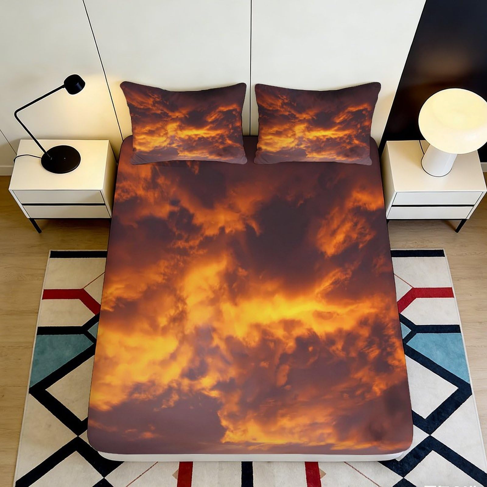3D Printed Fiery Sky Fitted Sheet Microfiber Soft Breathable Sunset Clouds Mattress Cover for Bedroom Dormitory Guest Room Protection and Decor 120x200x25cm