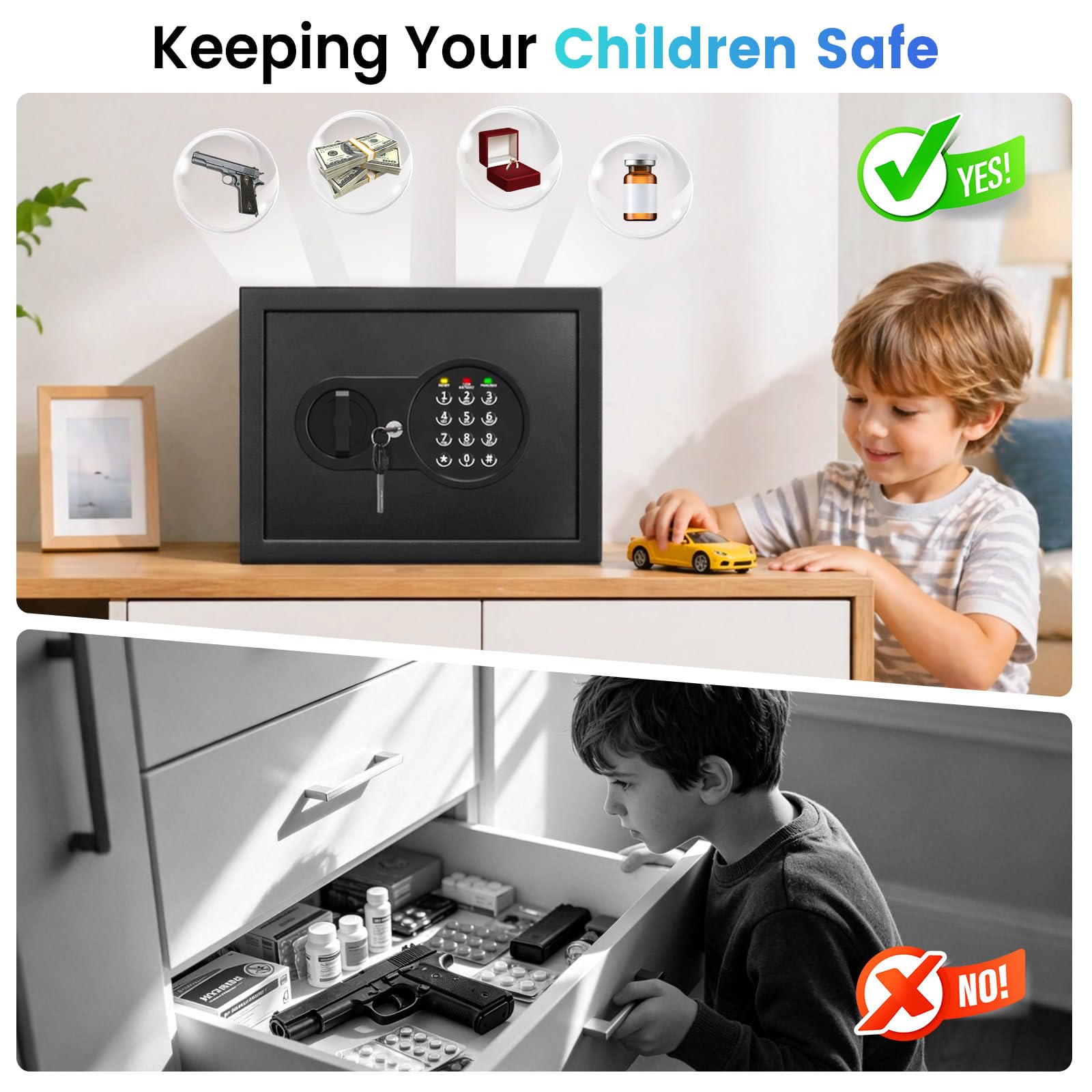 Mitlvge 1.2 CU Ft Home Safe Ignífugo Impermeable, Pequeña Caja Fuerte Ignífuga con Bolsa De Dinero Ignífuga, Teclado Programable Y Repisa Extraíble, Caja Fuerte Digital De Seguridad para Dinero Domé