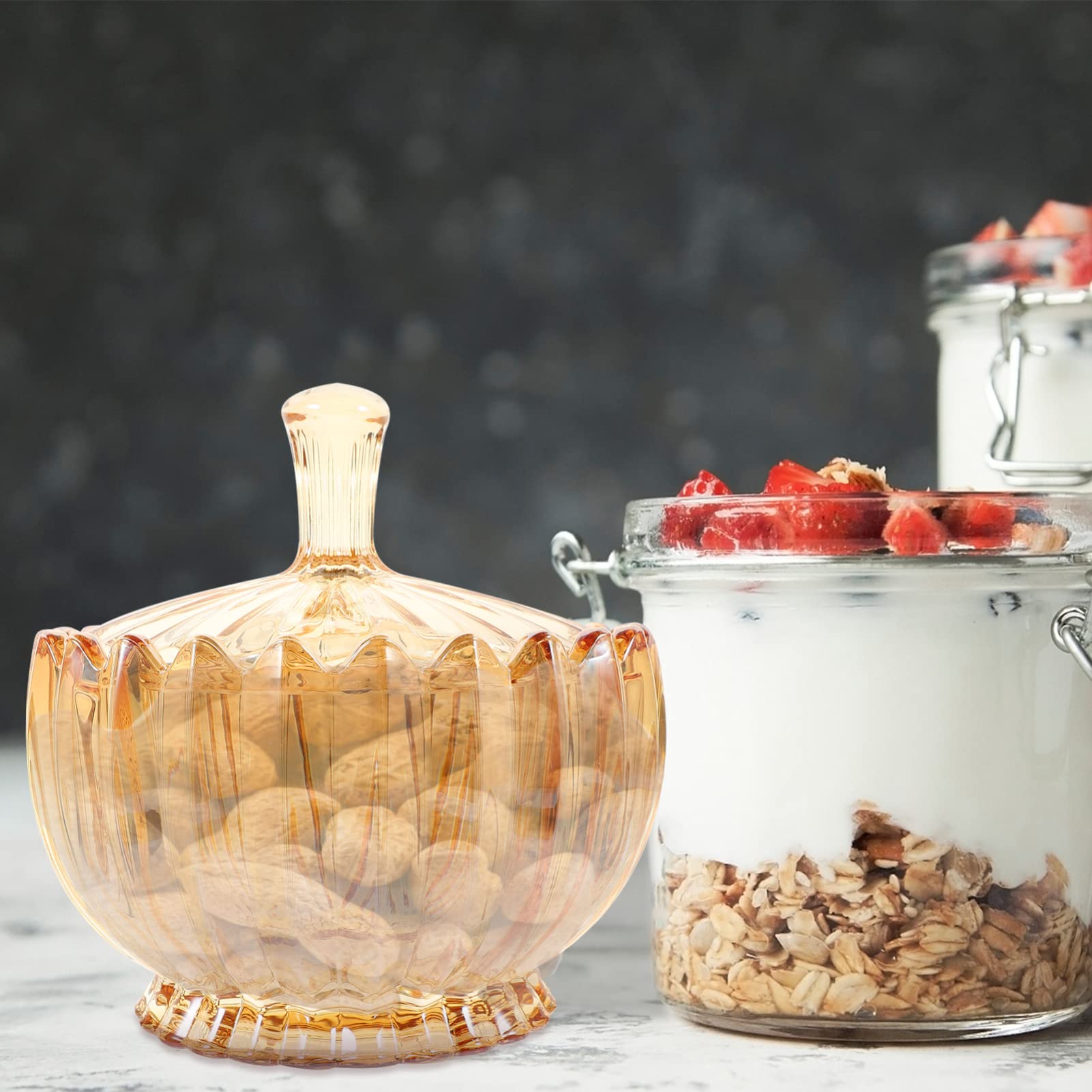Barattolo Decorativo in Vetro Ambra con Coperchio, Basso
