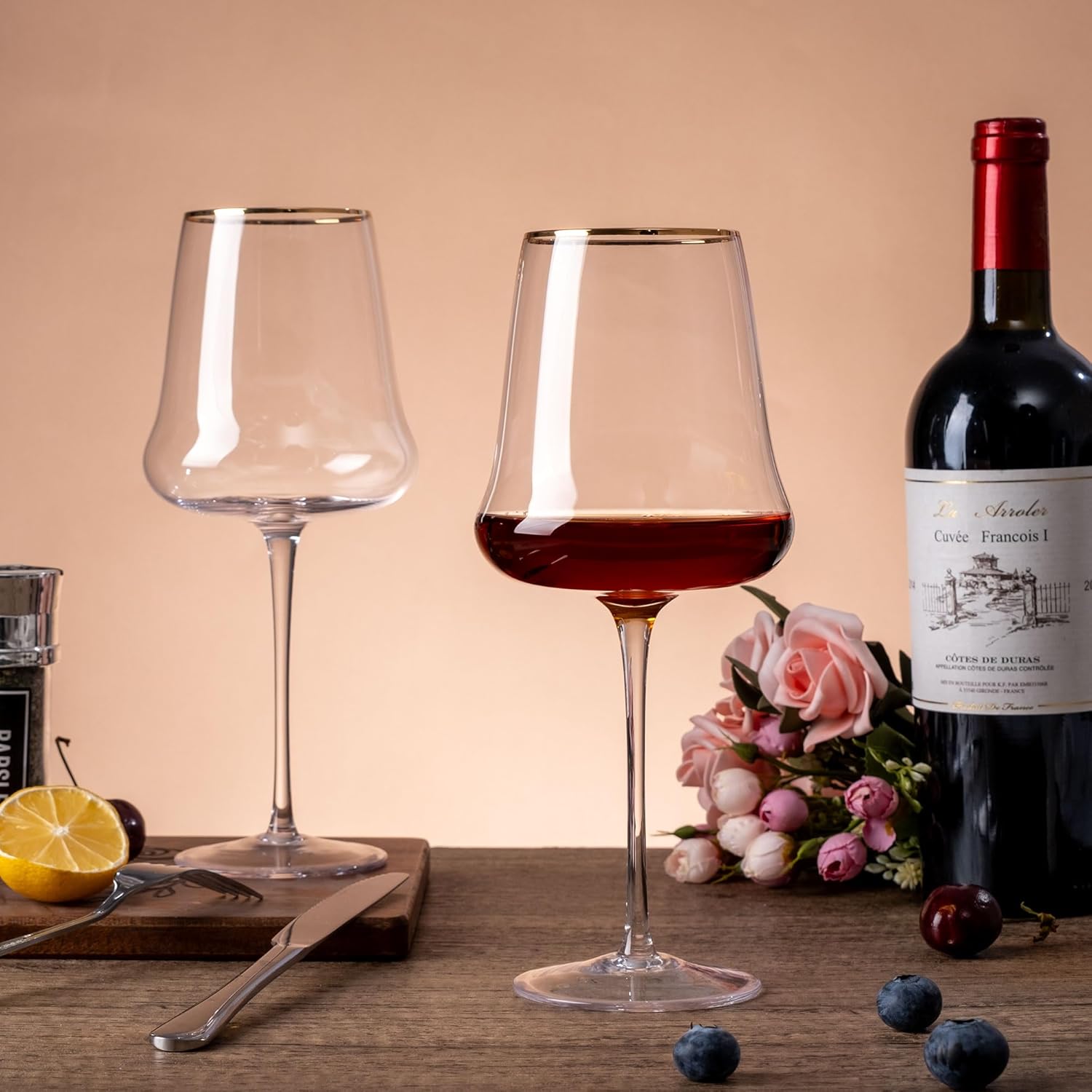 JEKOSEN New Red Wine Glasses With Gold Rim Set of 4 Long Stem Clear Wine Glasses Premium Crystal Gift for Christmas, Birthday, Anniversary or Any Special Occasion 23 Ounce - Image 4