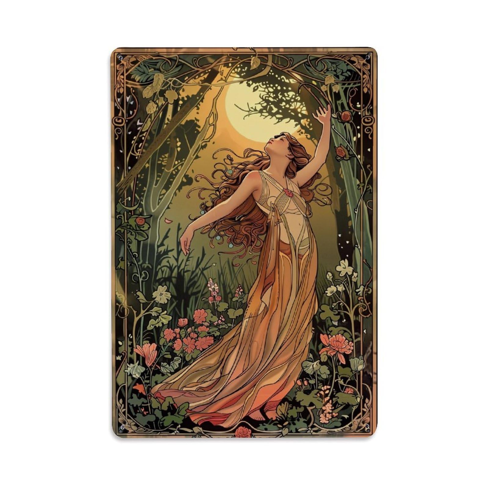 Bliveurn Vintage Art Nouveau Woman In Forest Retro Metal Tin Sign, Metal Poster For Home, Gaming Room, Studio Workshop,Bar,Garage Wall Art Decor 8X12 Inch