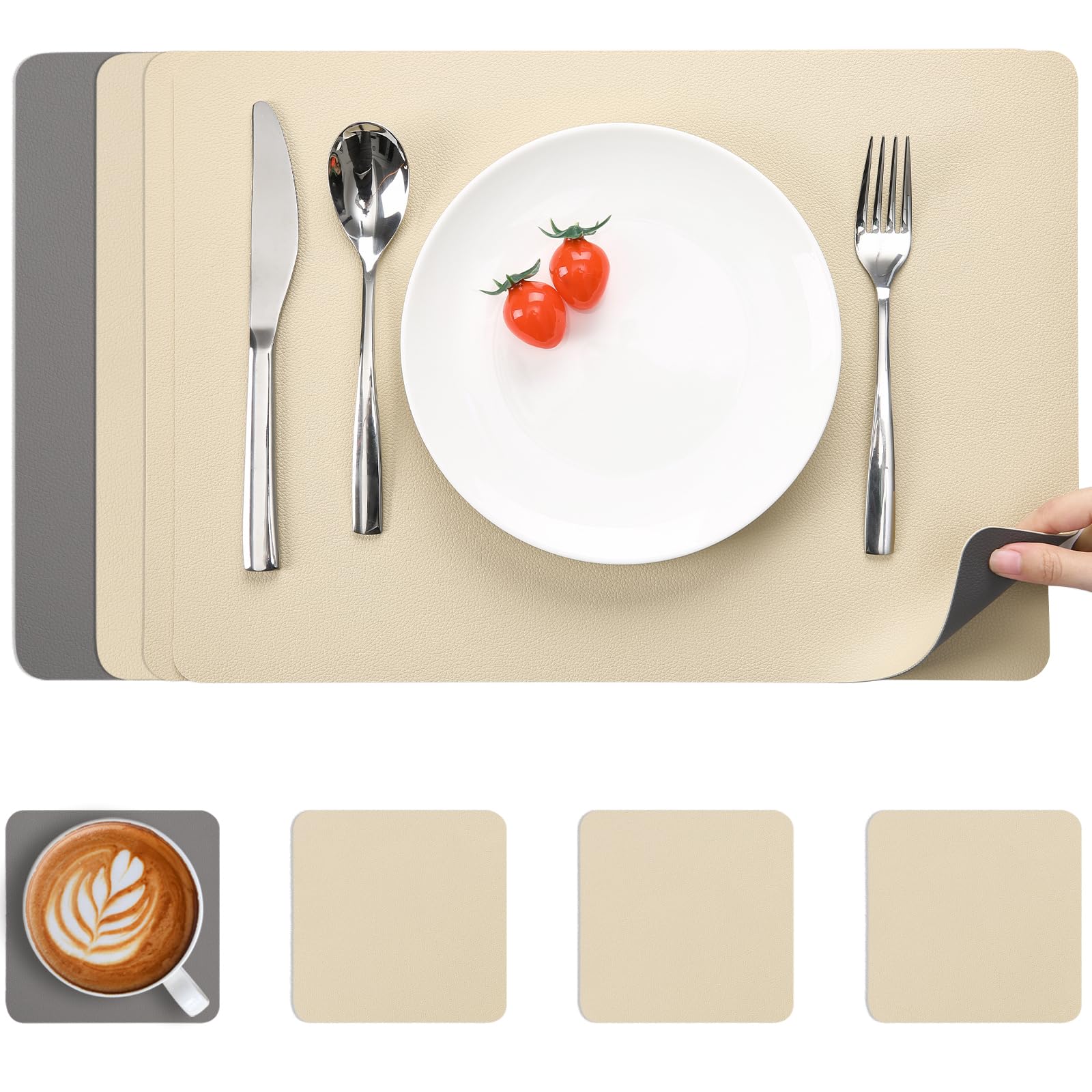 Myir JUN Tischsets Abwaschbar und Untersetzer - Leder Platzdeckchen Platzset Abwischbar Doppelseitigen Umkehrbares Rutschfest Lederoptik