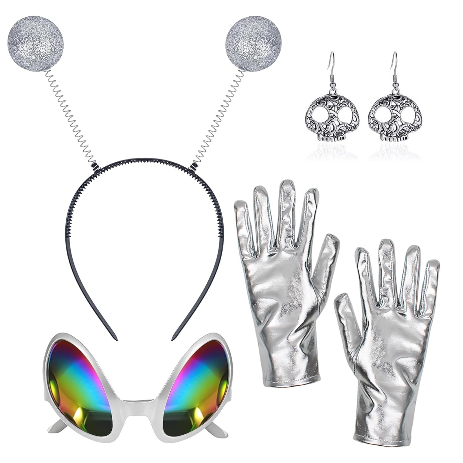 4-Piece Alien Cosplay Kit for Halloween Parties and Themed Events, Alien Costume, Alien Headband with Glasses and Gloves, Complete Alien Fancy Dress Set for Women, Space Costume Outfit with Accessorie
