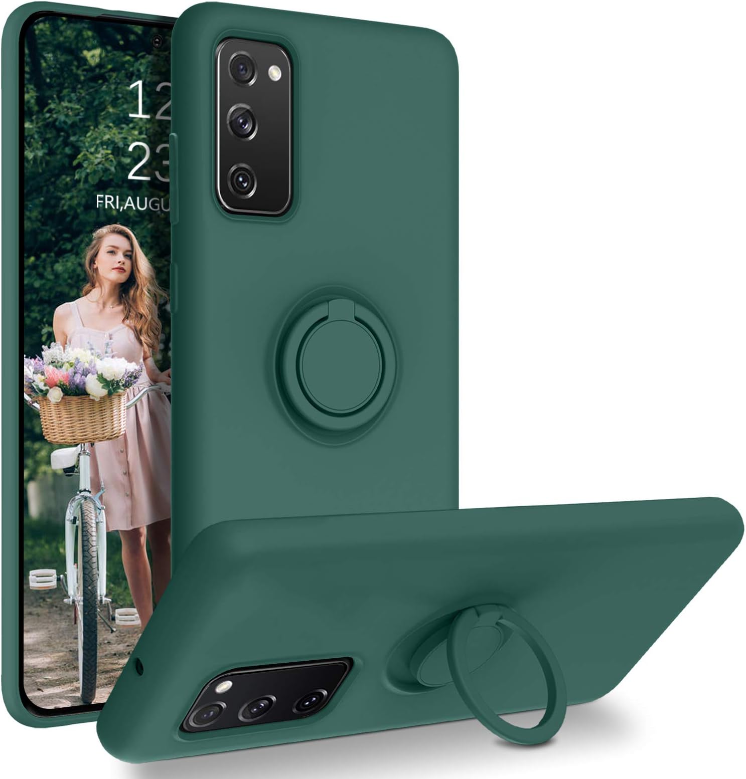 DUEDUE for Samsung S20 FE 5G Case Liquid Silicone Soft Gel Rubber Slim Cover with Ring Kickstand |Car Mount Function Shockproof Protective Case for Galaxy S20 FE 4G for Women Men, Pine Green