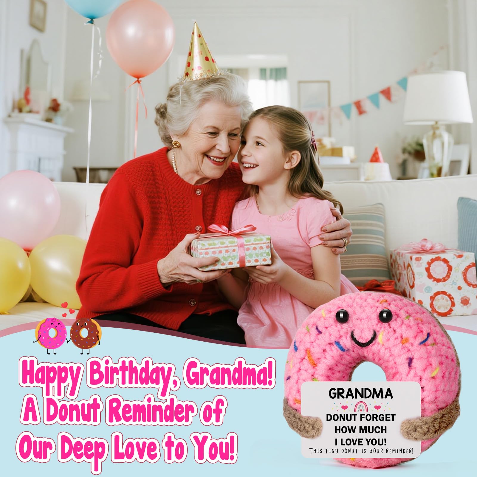 Grandma Gifts for Birthday Christmas - Funny Handmade Crochet Donut Gifts for Grandmother Nana Gigi Mimi, Grandparents Day Mothers Day Present from Granddaughter Grandson Grandkids
