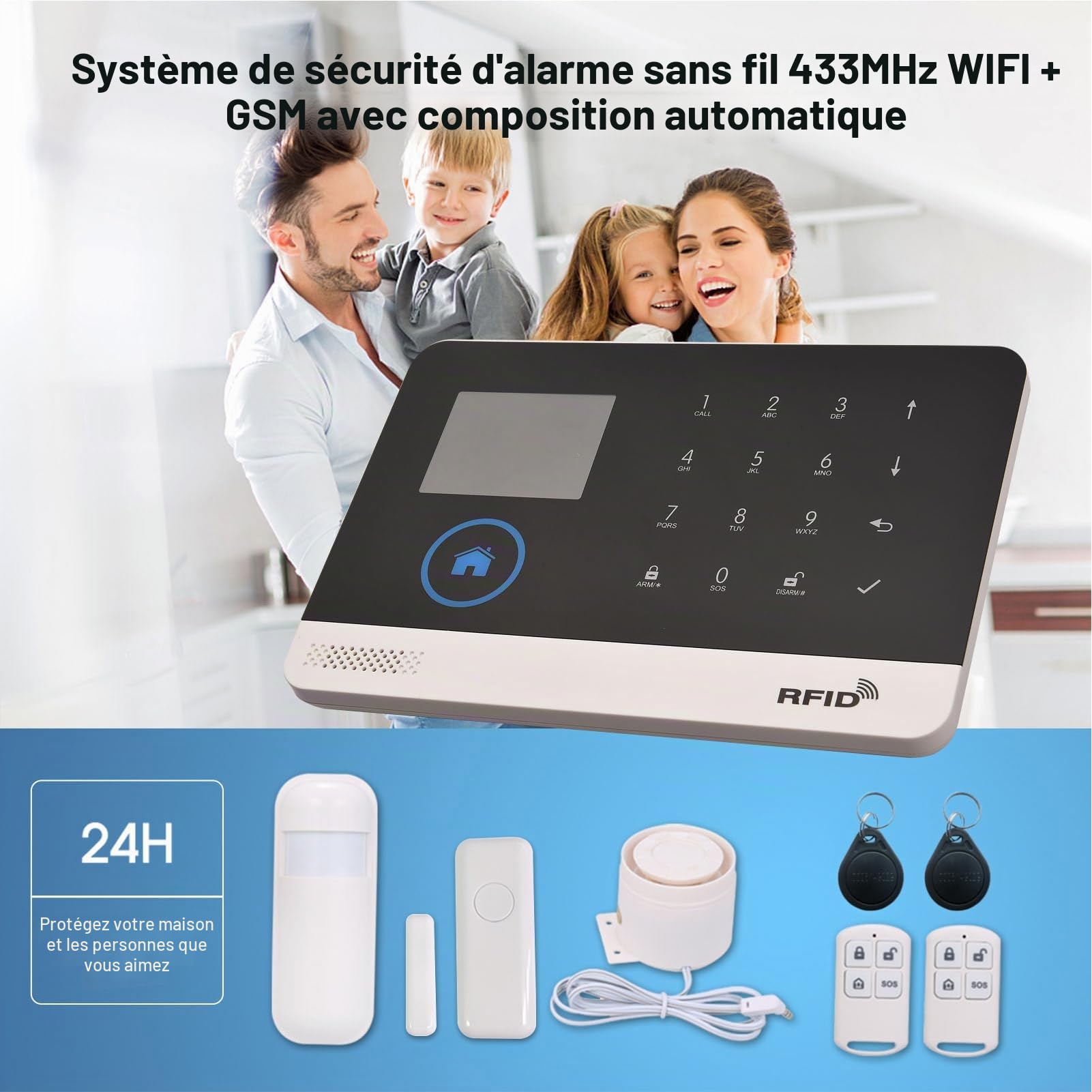 Système d'alarme domestique sans fil WiFi + GSM avec écran LCD de 2,4", kit de protection anti-effraction de 16 pièces, compatible avec Alexa et Google Home