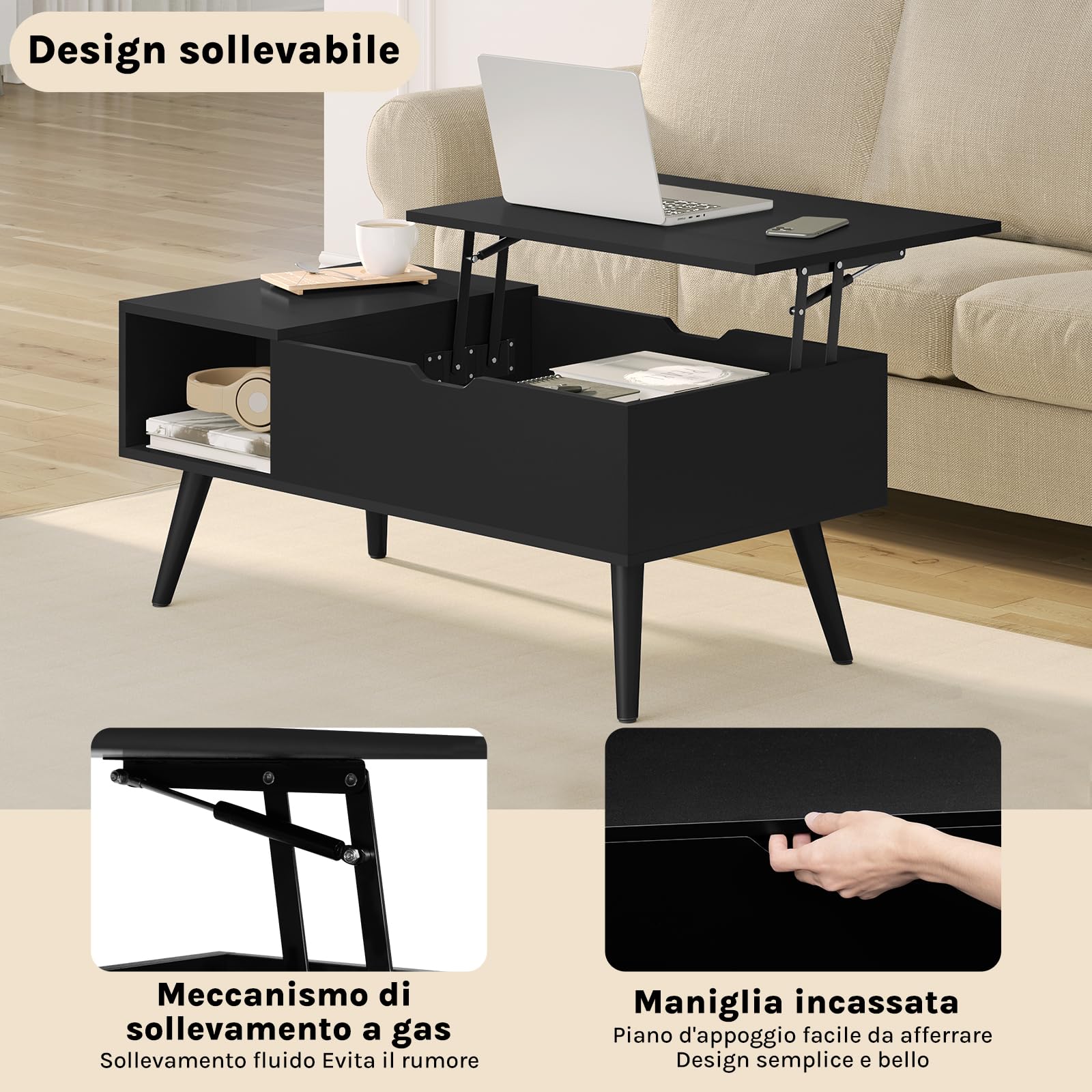WOLTU Tavolino da Caffè Sollevabile e Allungabile, Tavolo con Spazio Interno e Scomparto Aperto, Tavolino da Salotto per Soggiorno, 100x50x(43-57) cm, Nero, BTS26sz