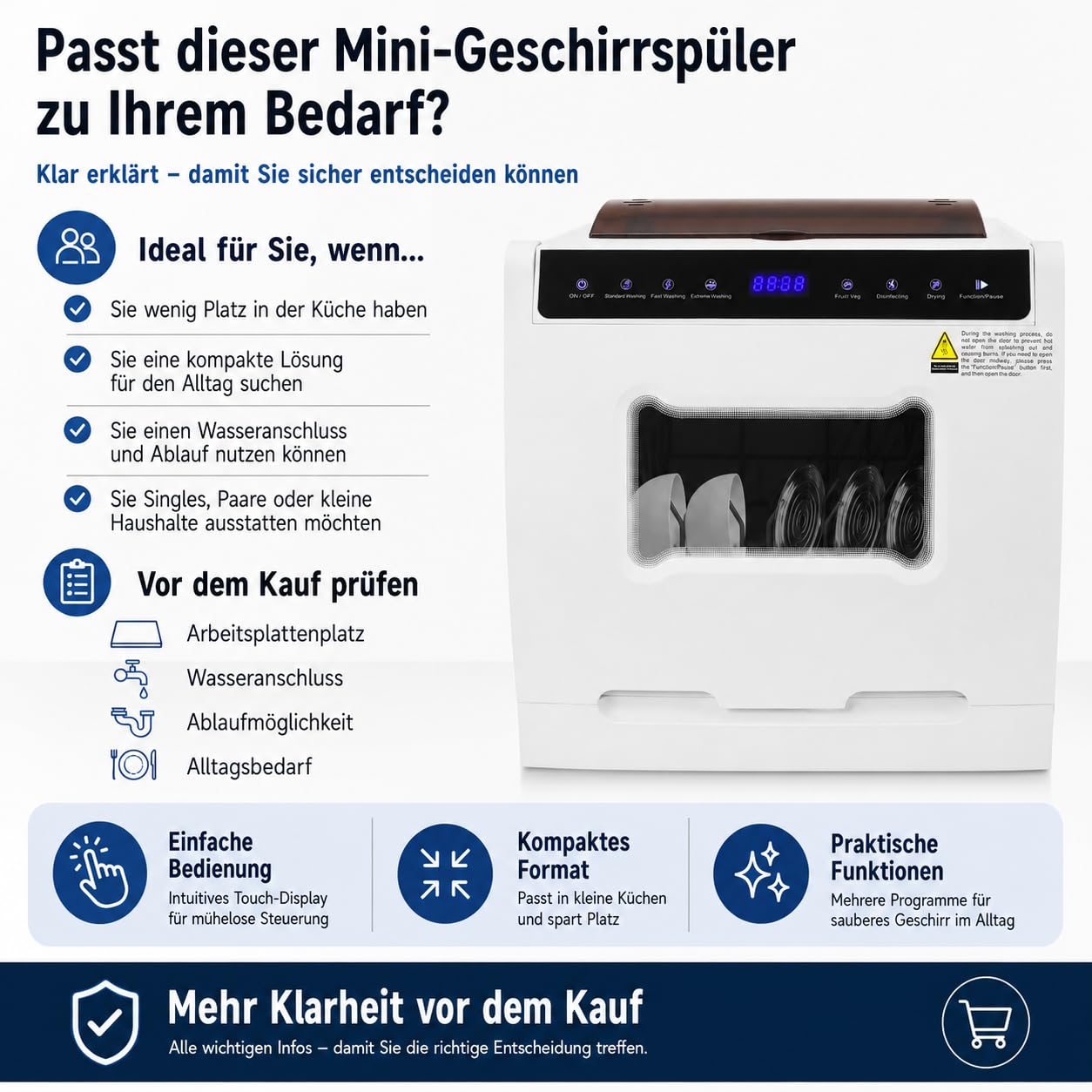 Tischgeschirrspüler 800W 6 Programme 72h Heißlufttrocknung für 4-6 Pers | Mini Spülmaschine 0.58kWh/3.5L, 52dB leiser Desktop-Dishwasher mit Messerbox & 360° Sprüharme für Wohnung/Wohnmobil