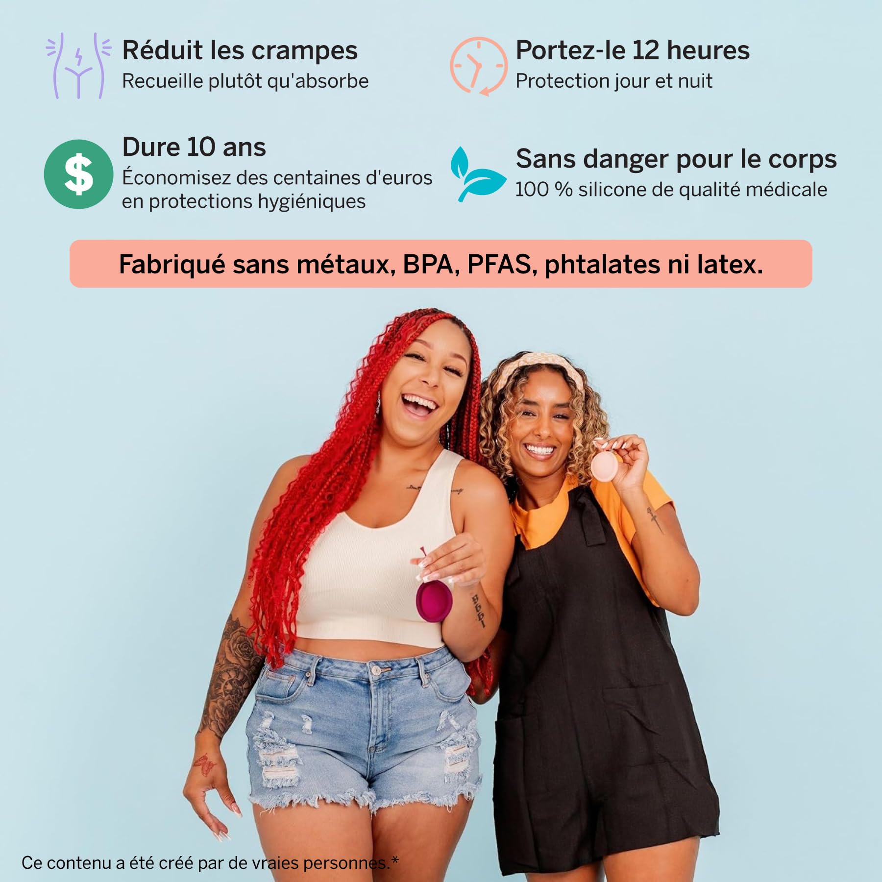 Lot de 2 disques menstruels avec applicateur – Sans métaux ni toxines – Silicone médical 100% – Disques réutilisables extra-souples – S’insèrent/se retirent comme un tampon – Équiv. à 5 et 7 tampons