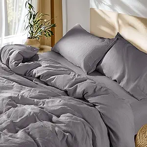 SONORO KATE 100% French Linen Duvet Cover Queen Size, Soft Breathable for Hot Sleepers, Moisture Wicking & Durable Cover Set - Zipper Closure & 4 Corner Ties Duvet Covers 3 Piece (Dark Grey,Queen)