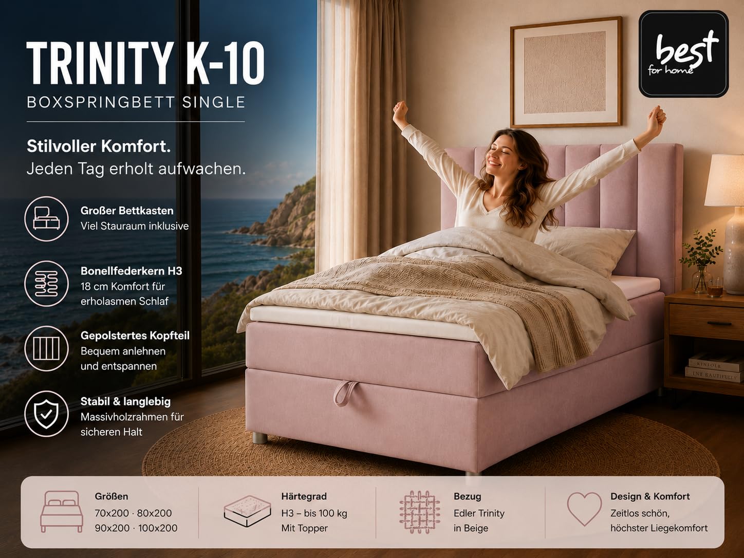 Trinity K10 EinzelBett | Boxspringbett mit Bonell Federkernmatratze 90x200 | MatratzenTopper 90x200 | Bett mit Matratze | Bett mit Stauraum