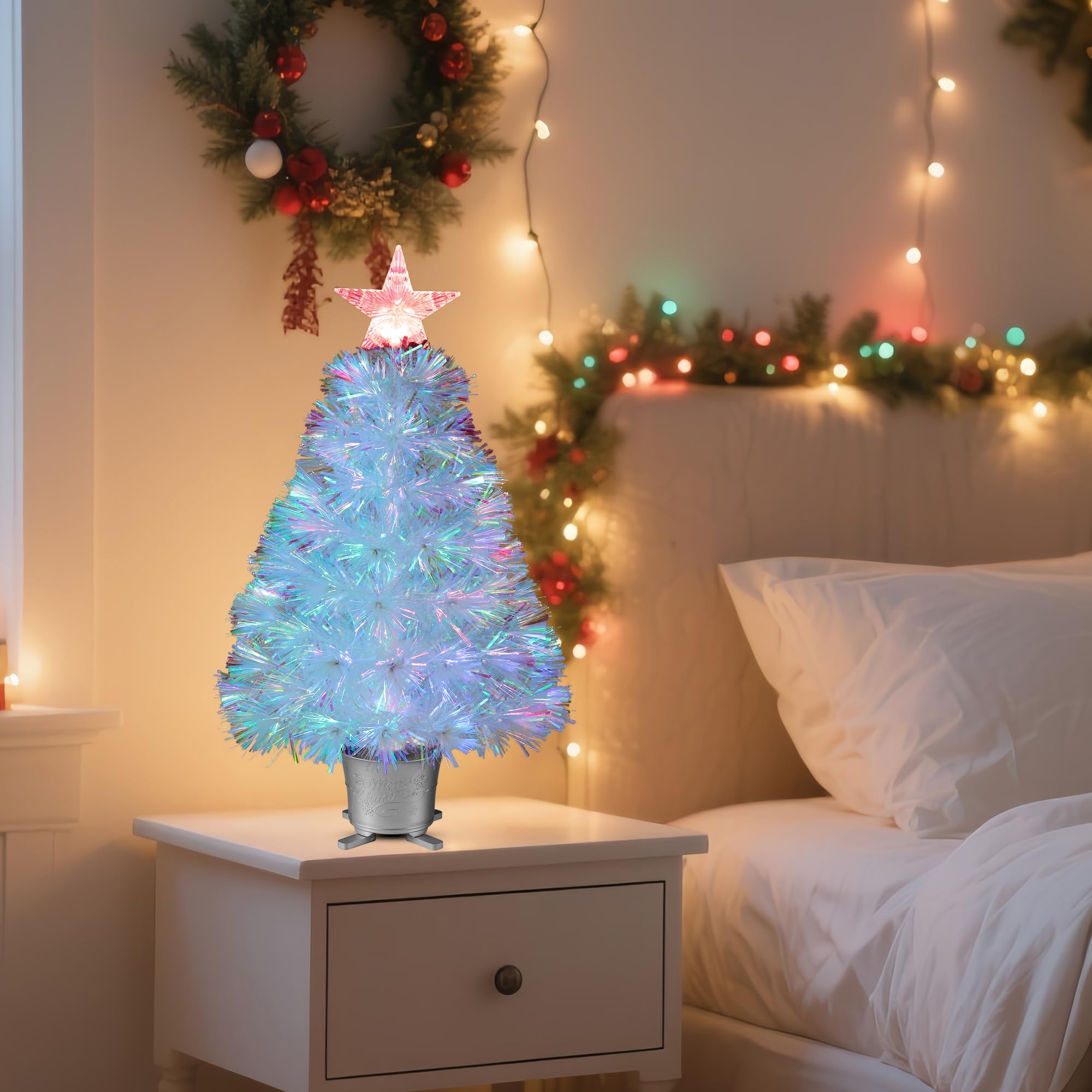 YUETJIN Petit sapin de Noël artificiel de table en fibre optique pré-éclairé de 61 cm avec étoiles - Transparent