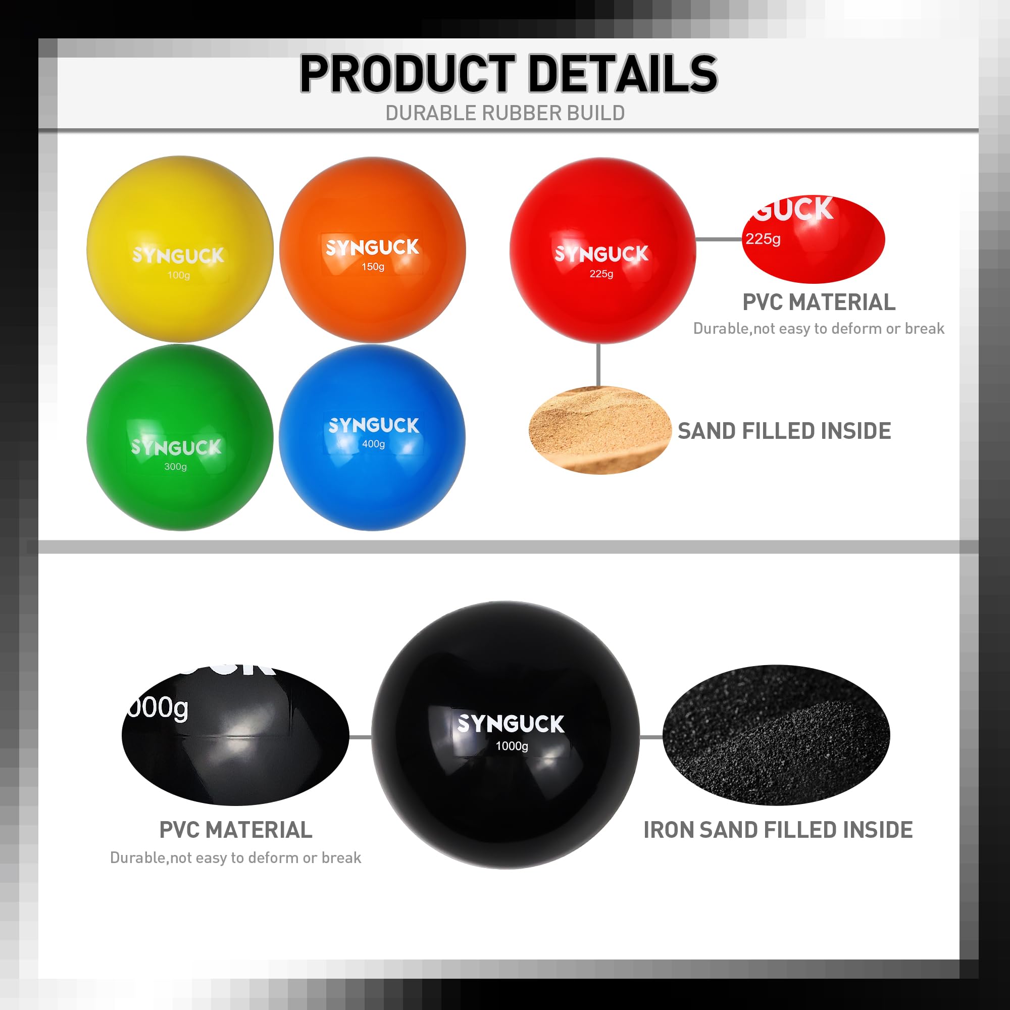SYNGUCK Juego de 6 Pelotas pliométricas con Peso para Entrenamiento de béisbol y sóftbol (3.5/5.3/7.9/10.6/14/35 onzas) Pelotas de béisbol de Peso Variable para Mejorar la Potencia y el Entrenamiento