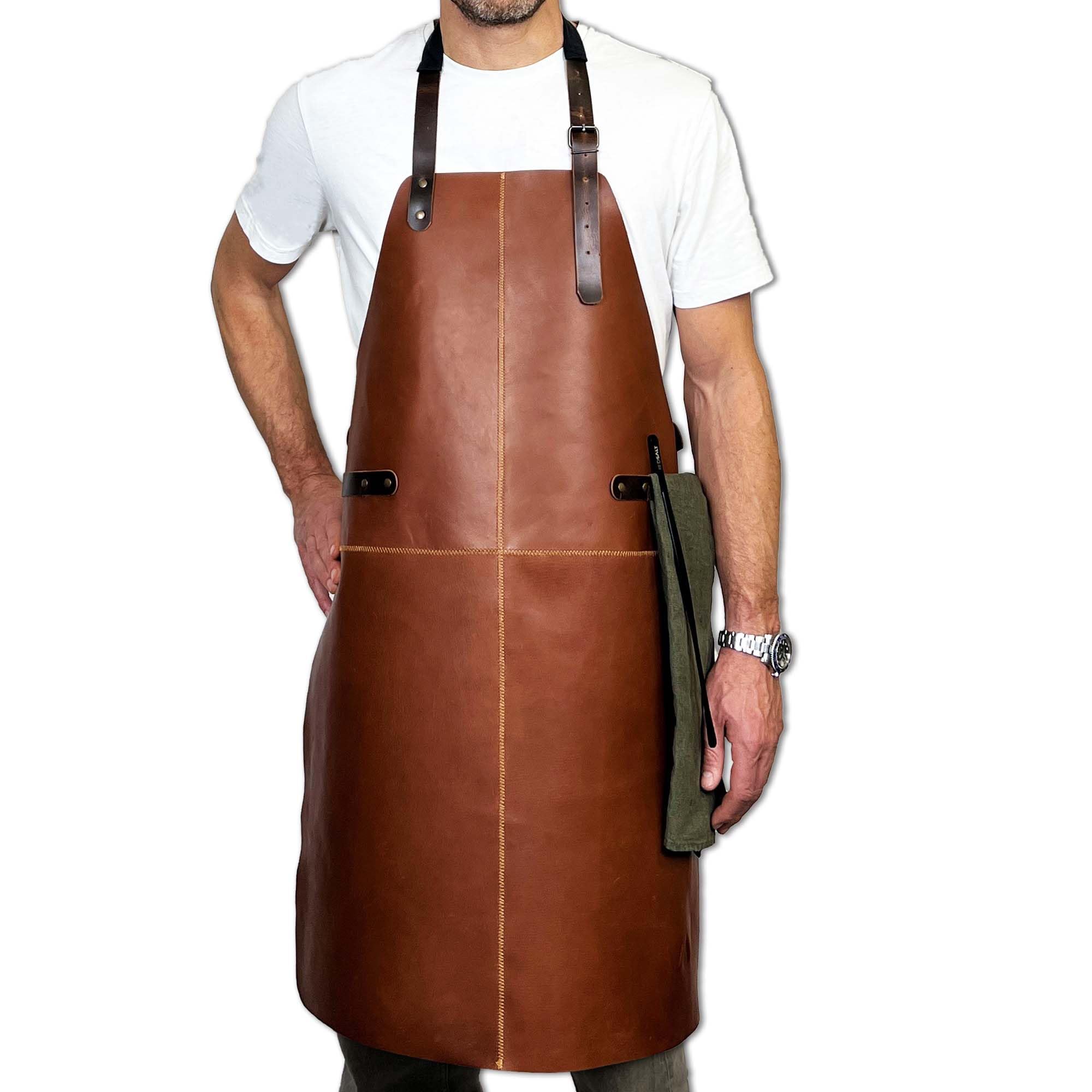 REDSALT® Delantal de piel 100% búfalo, 84 x 62 cm, color marrón, delantal profesional para barbacoa, delantal de trabajo, cocina, gastronomía, bar, barista, delantal de cocina, delantal de cocina,