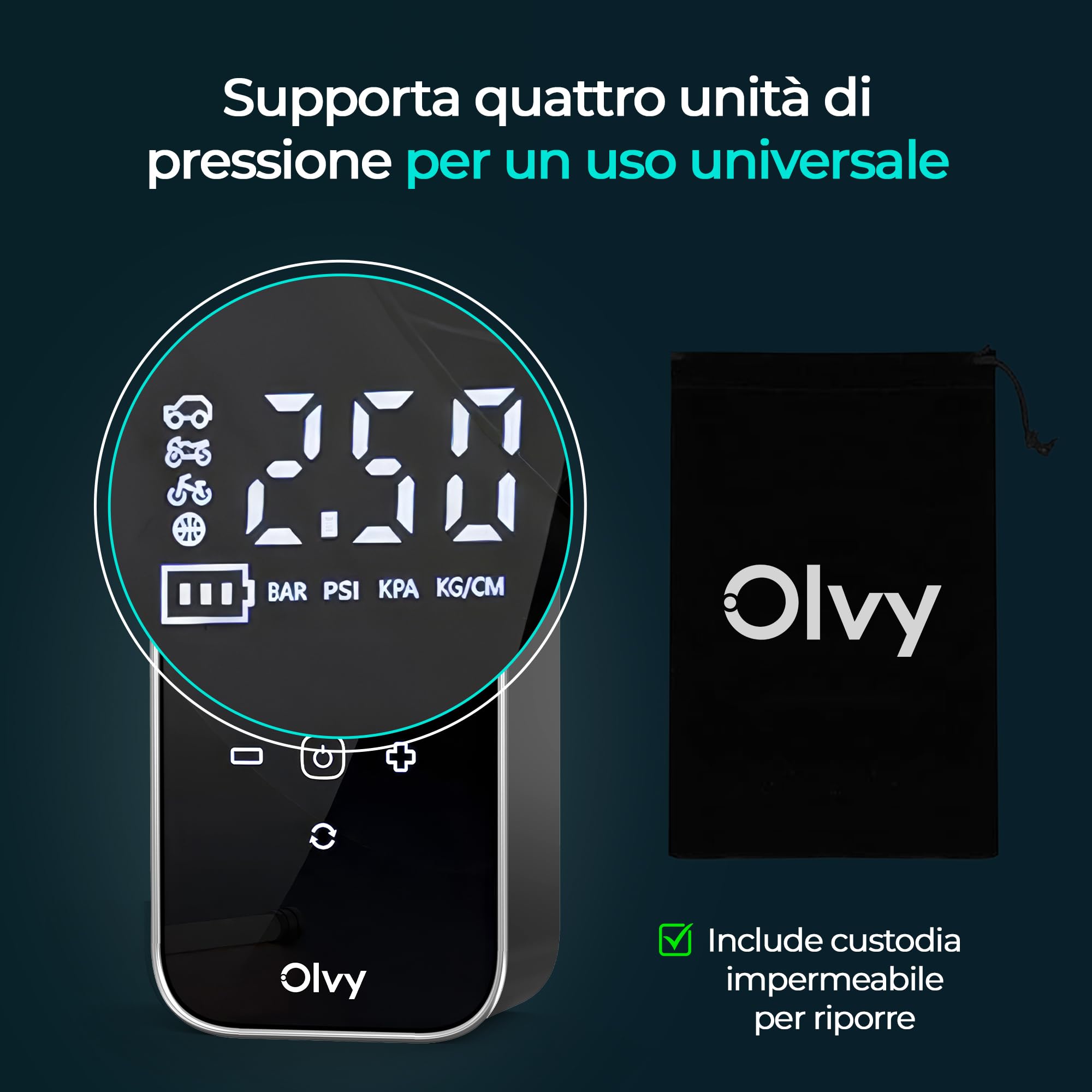 Olvy Compressore d'aria portatile - Gonfiatore di pneumatici senza fili 12V - Batteria ricaricabile 6000 mAh - Display digitale - Spegnimento automatico - Luce LED - Per auto, bici, moto, palla e mate