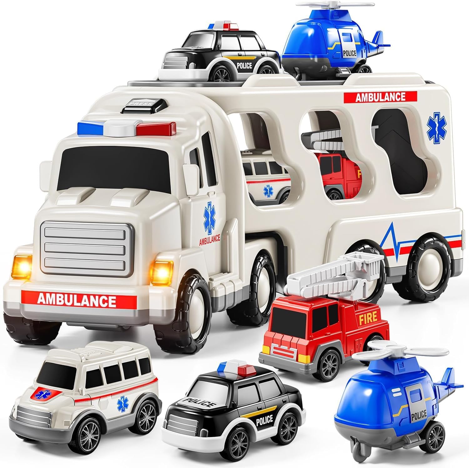 Storio 5 in 1 Ambulance Truck Toy for Kids 3-5 Years Boys Girls | Transport Carrier Vehicle Set with Police Car Fire Truck Helicopter | Friction Powered Light Sound Toys for 3 4 5 6 7 8 9 Years-image-47