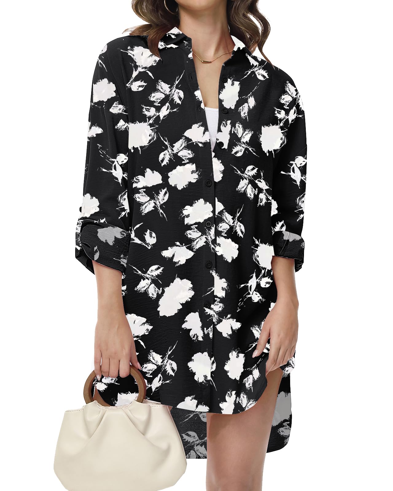 Tanmolo Damen Bluse V-Ausschnitt Hemdbluse Langarm Lässiges Hemd zum Knöpfen Langarmshirt Casual Oberteile Aufrollen Tops Blumendruck-Schwarz S
