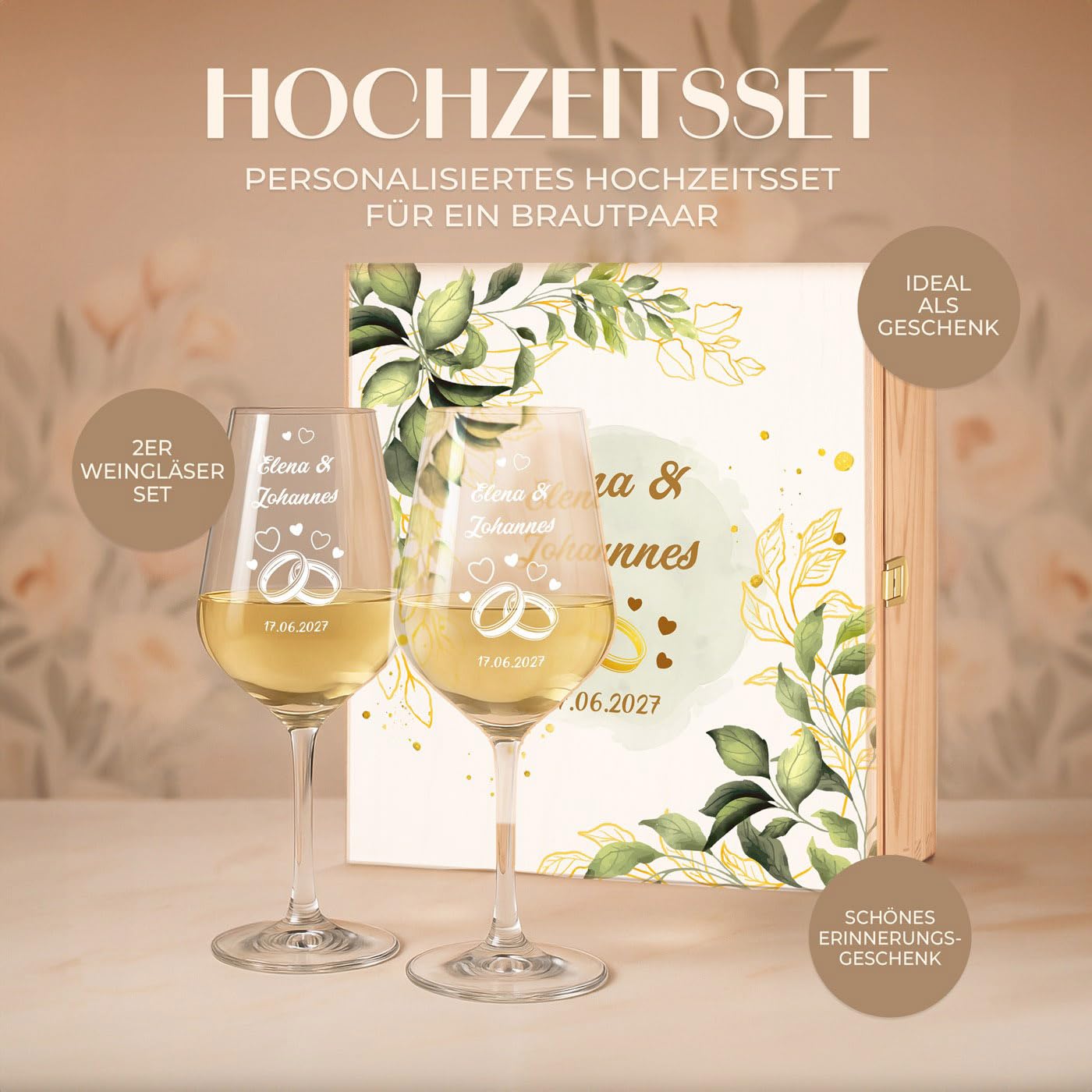 Maverton 2er Weingläser Set mit Gravur in Holzkiste - 490 ml Wein Gläser Set mit Namen und Datum - Hochzeitsgeschenk - personalisierte Geschenke für Paar zur Hochzeit zum Hochzeitstag