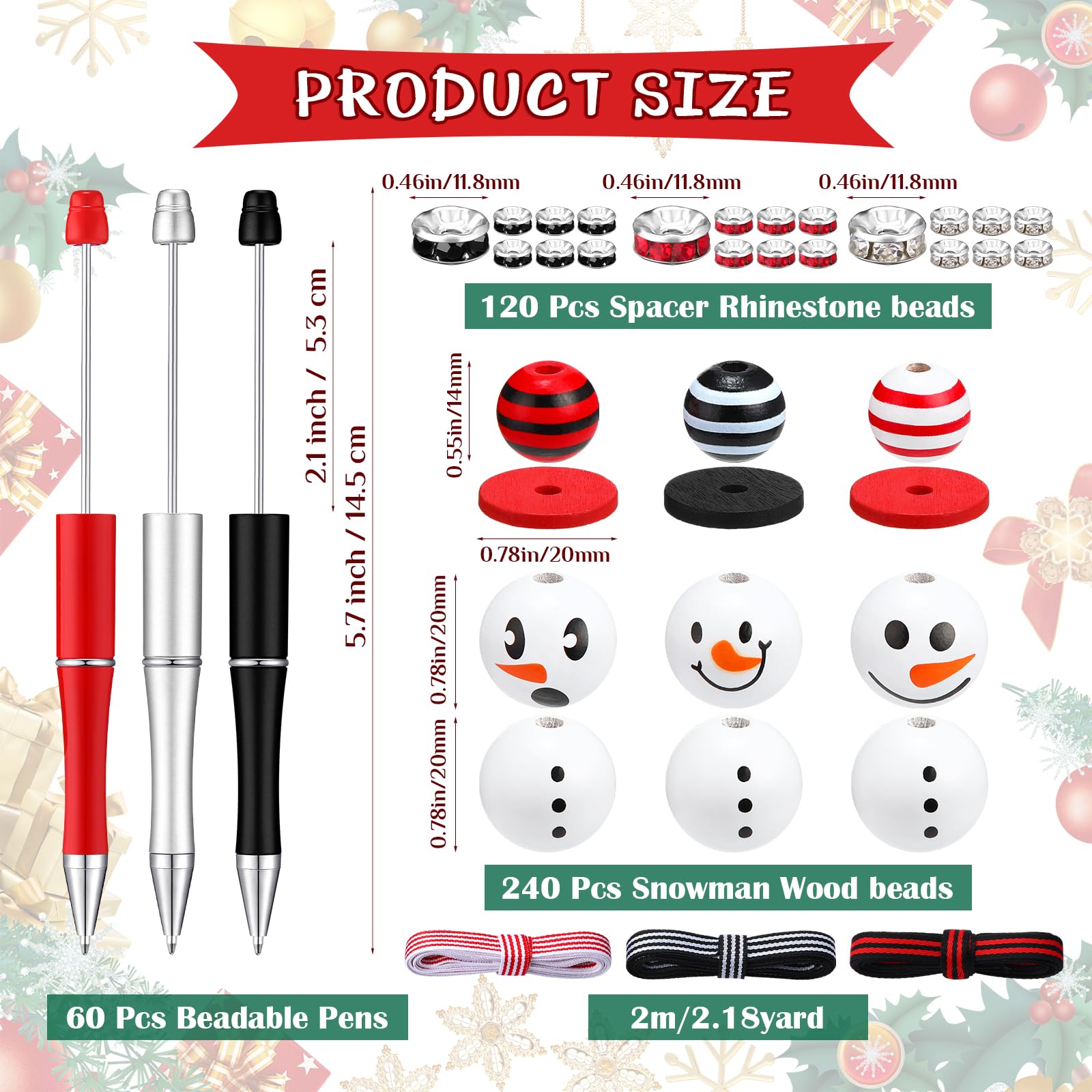 Tenceur Lot de 60 stylos à bille en plastique avec 240 perles pour le bureau, l'école, la salle de classe, les étudiants (rouge, noir, blanc)