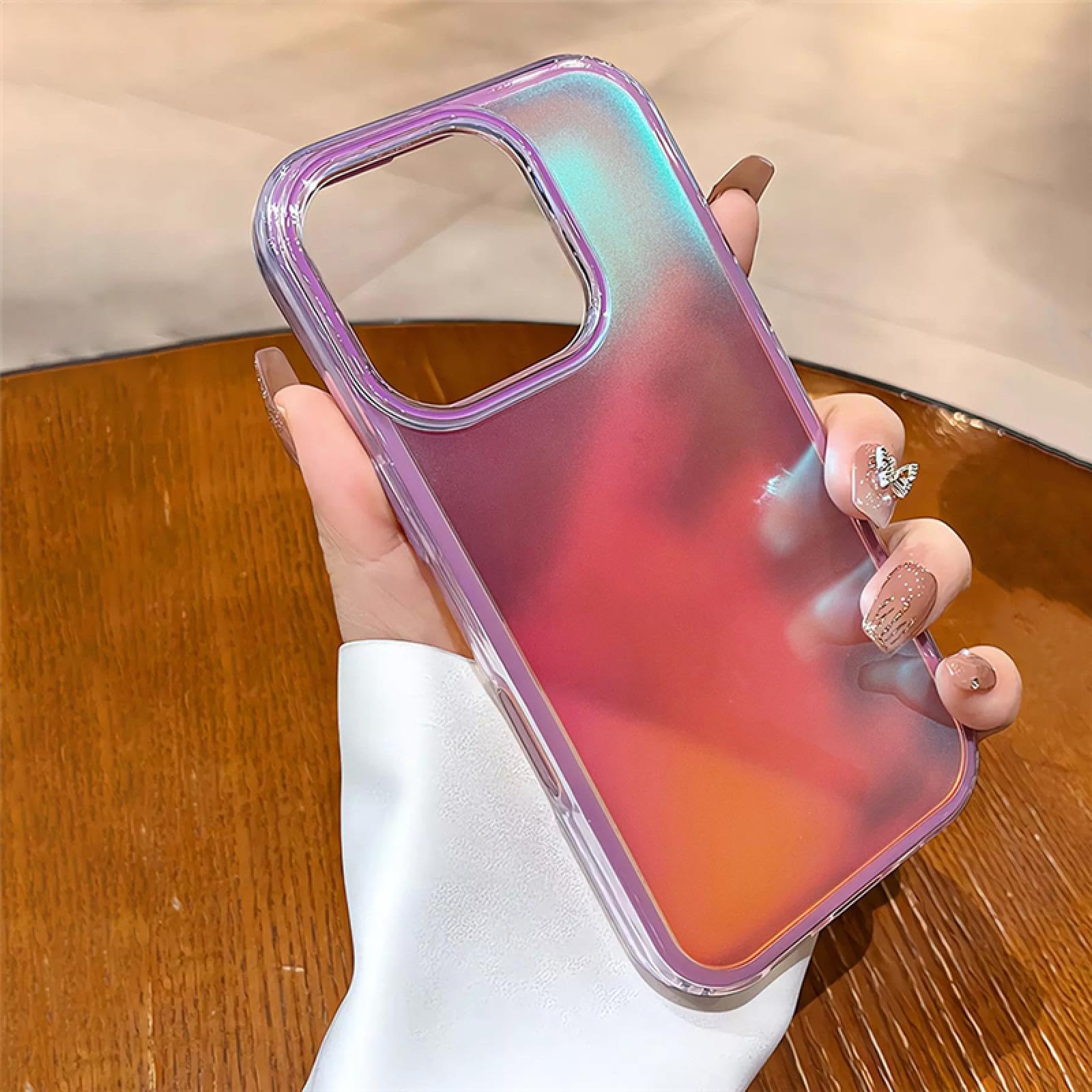 Film de Protection Antichoc Transparent à Paillettes et dégradé Laser Aurora (pour iPhone 15/Rose)