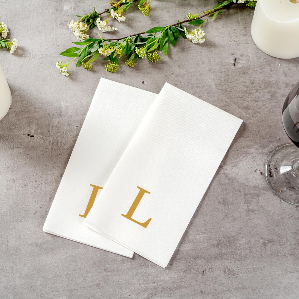 Luxenap - Toallas de invitados de 15.8 x 7.9 pulgadas, 50 toallas de mano con letras doradas, letra "L", letra Sans Serif, servilletas de papel blanco, airlaid, para baños y mesas